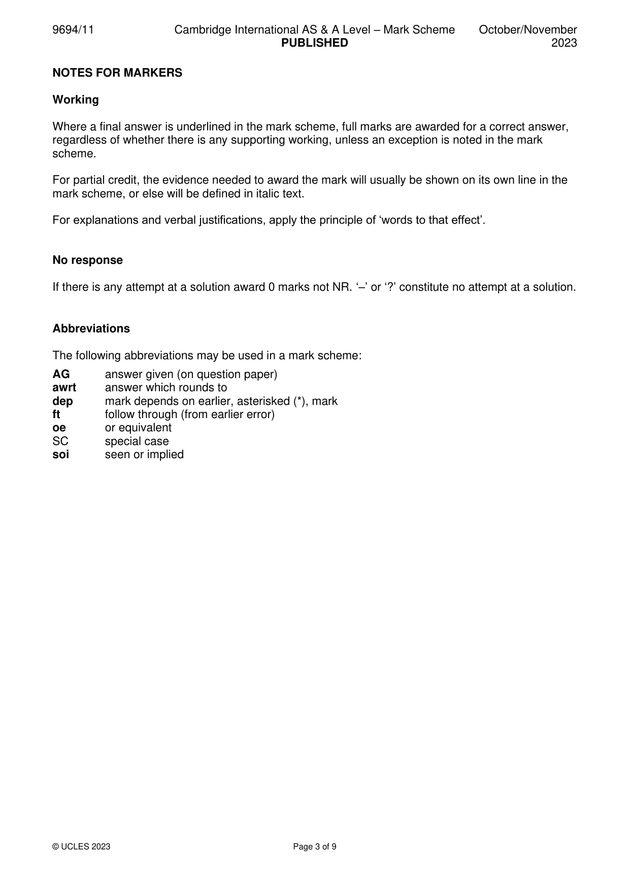 Mark scheme, page 3 of 9