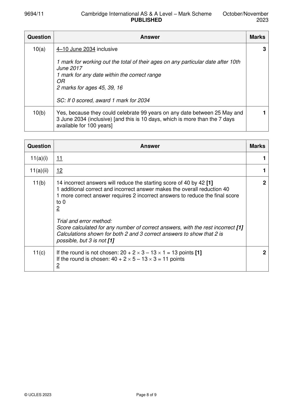Mark scheme, page 8 of 9
