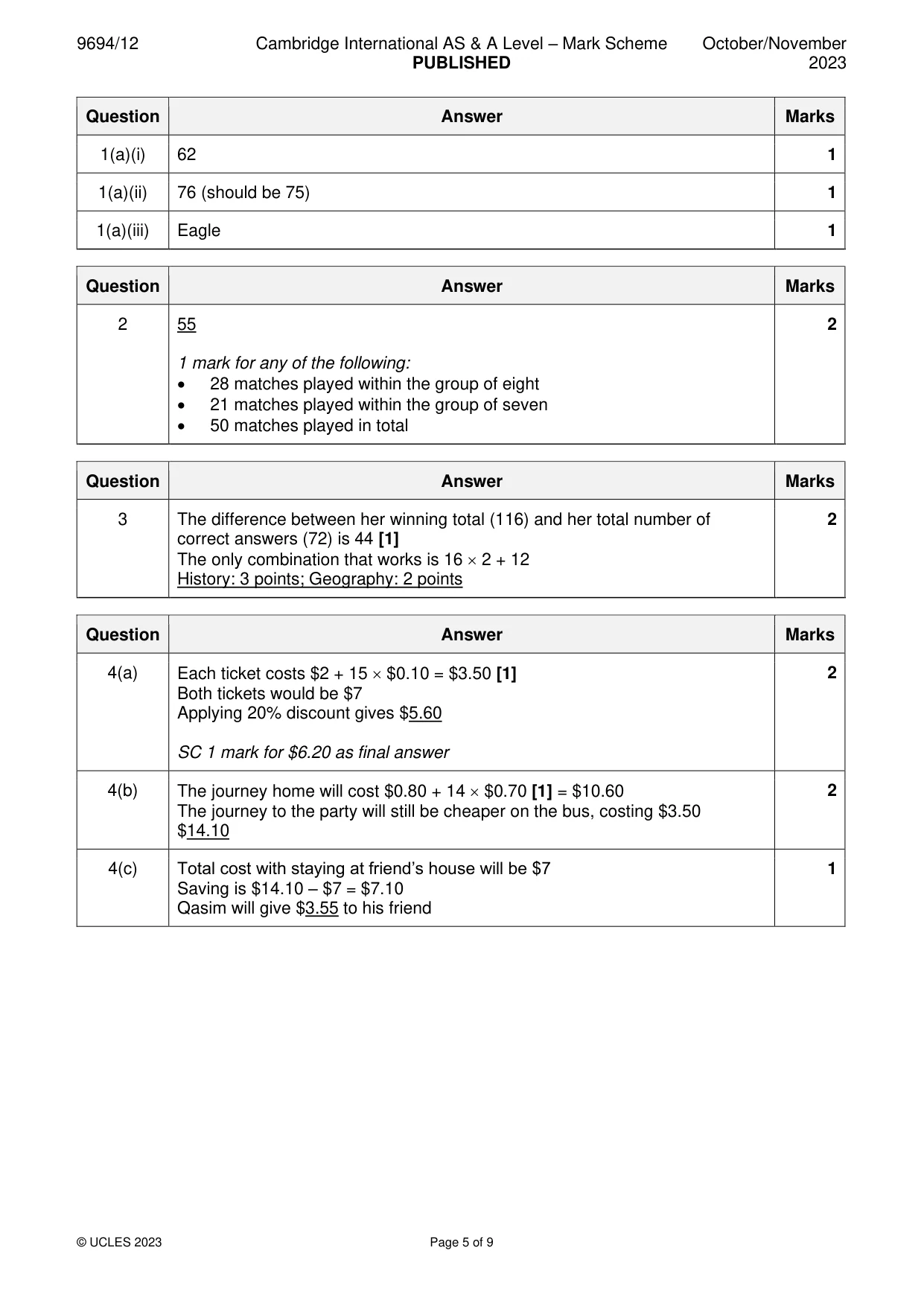 Mark scheme, page 5 of 9