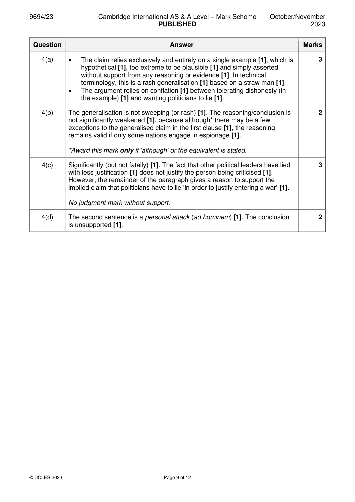 Mark scheme, page 9 of 12