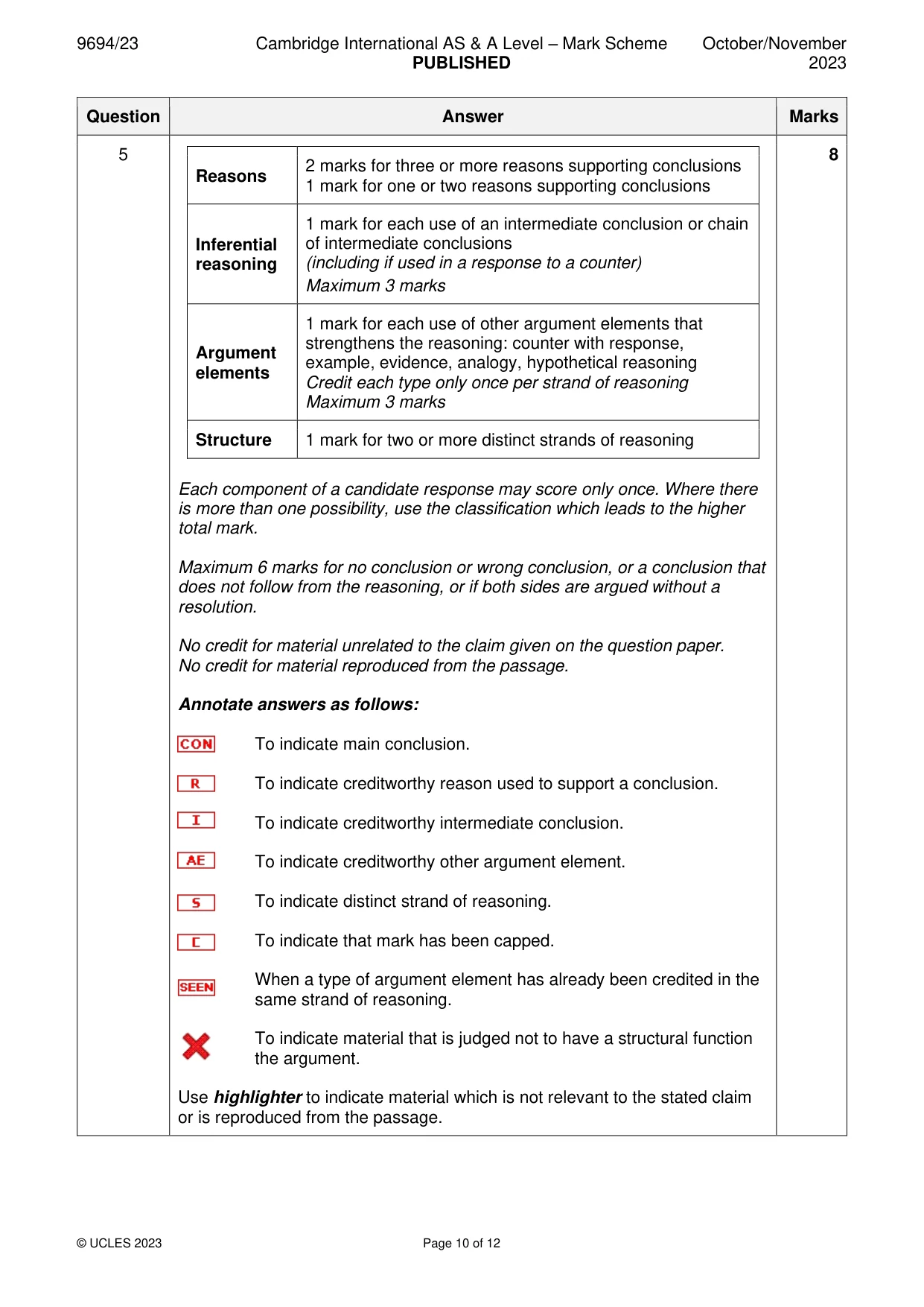 Mark scheme, page 10 of 12