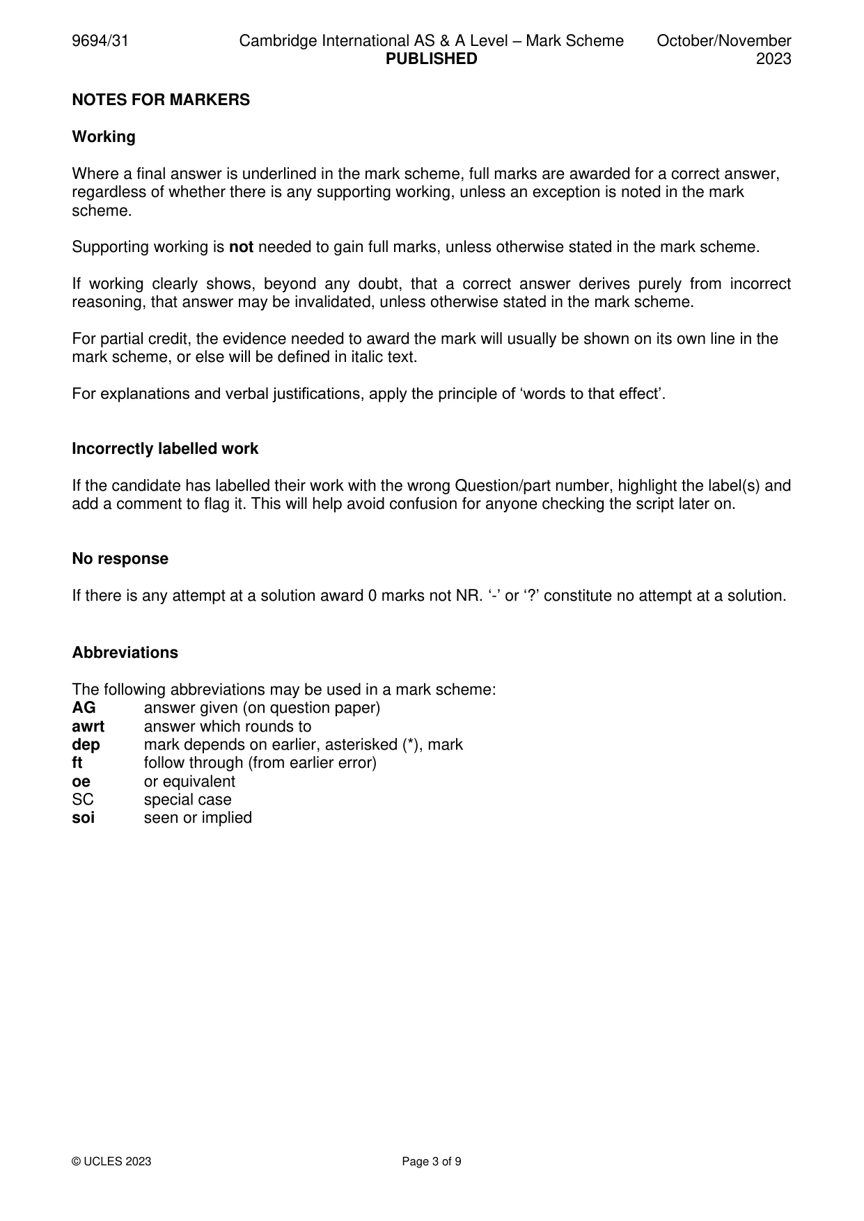 Mark scheme, page 3 of 9