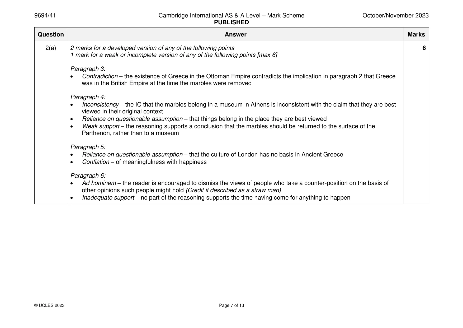 Mark scheme, page 7 of 13