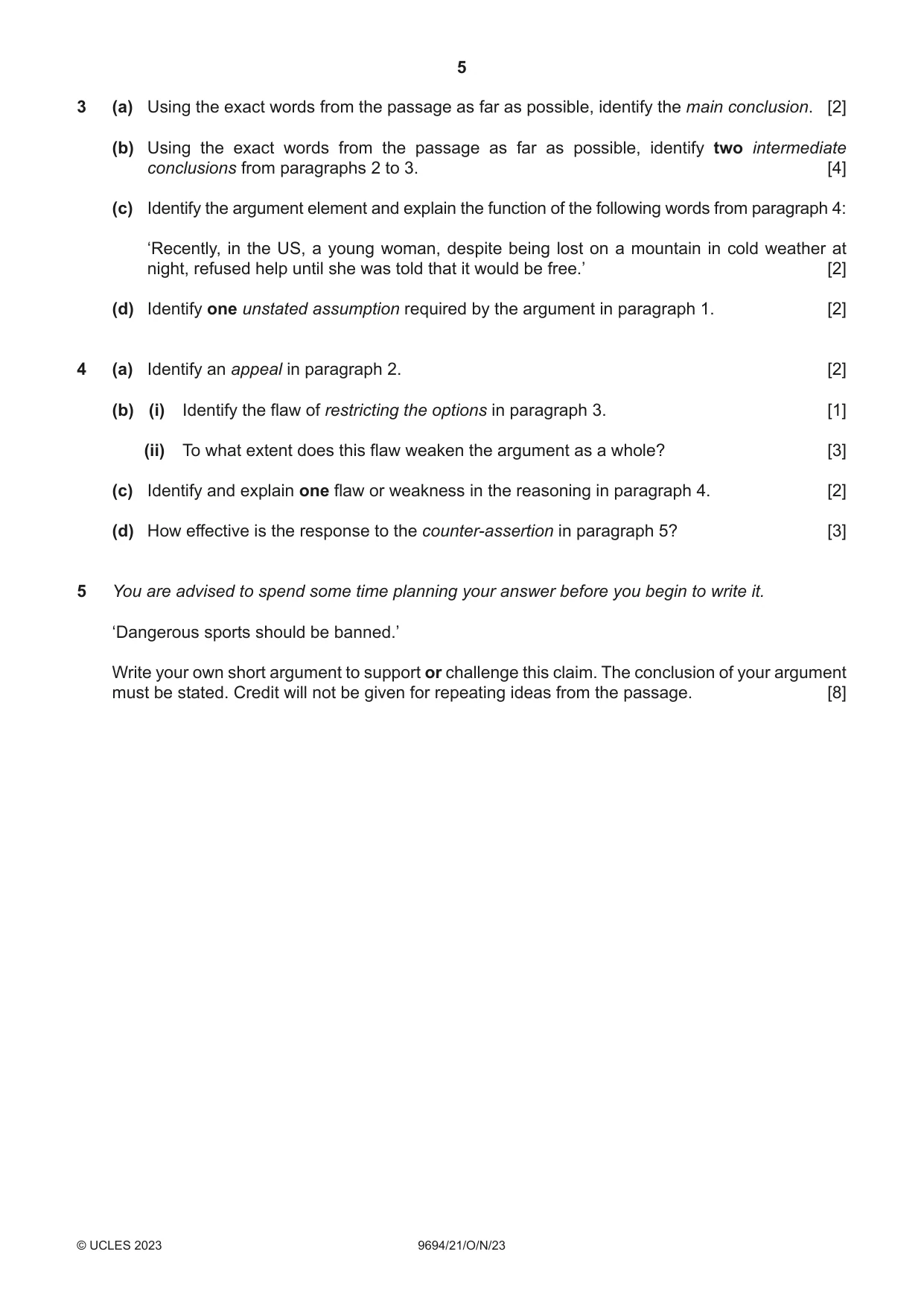Cambridge A Level Thinking Skills 9694 2023 Oct/Nov Paper 2 · Variant 1 question paper, page 5 of 8