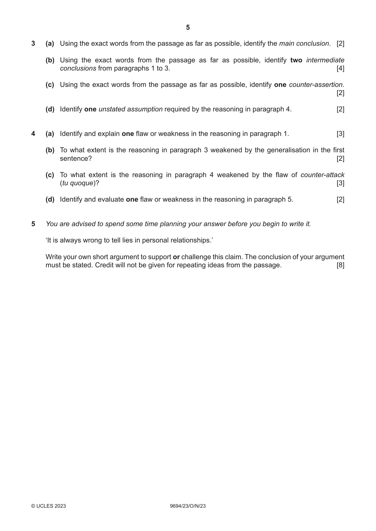 Cambridge A Level Thinking Skills 9694 2023 Oct/Nov Paper 2 · Variant 3 question paper, page 5 of 8
