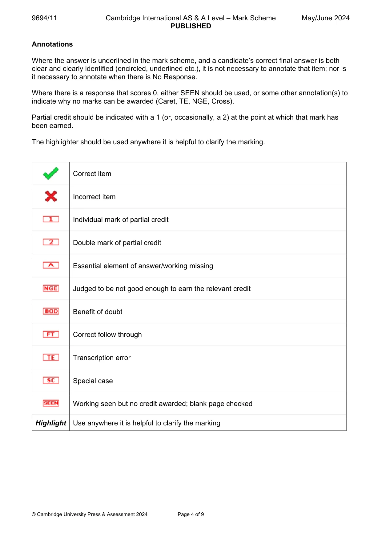 Mark scheme, page 4 of 9