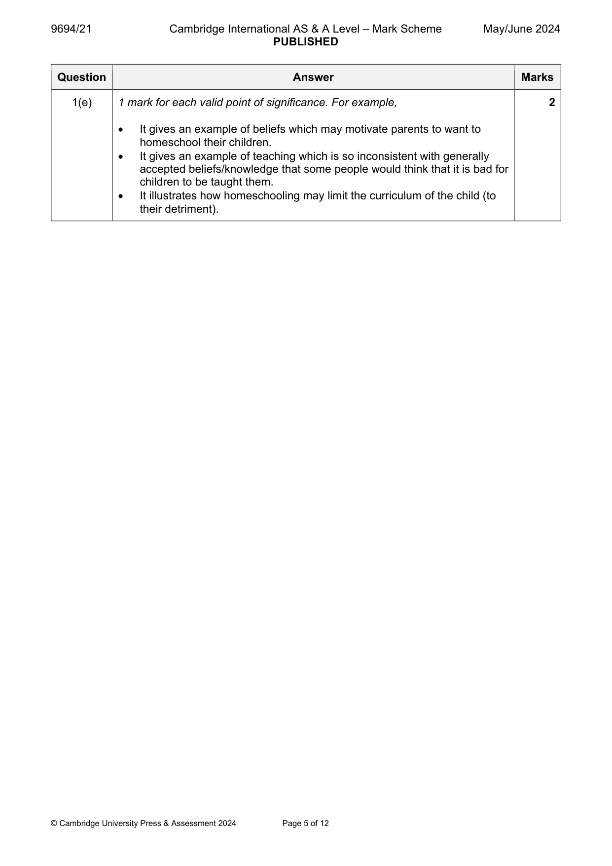 Mark scheme, page 5 of 12