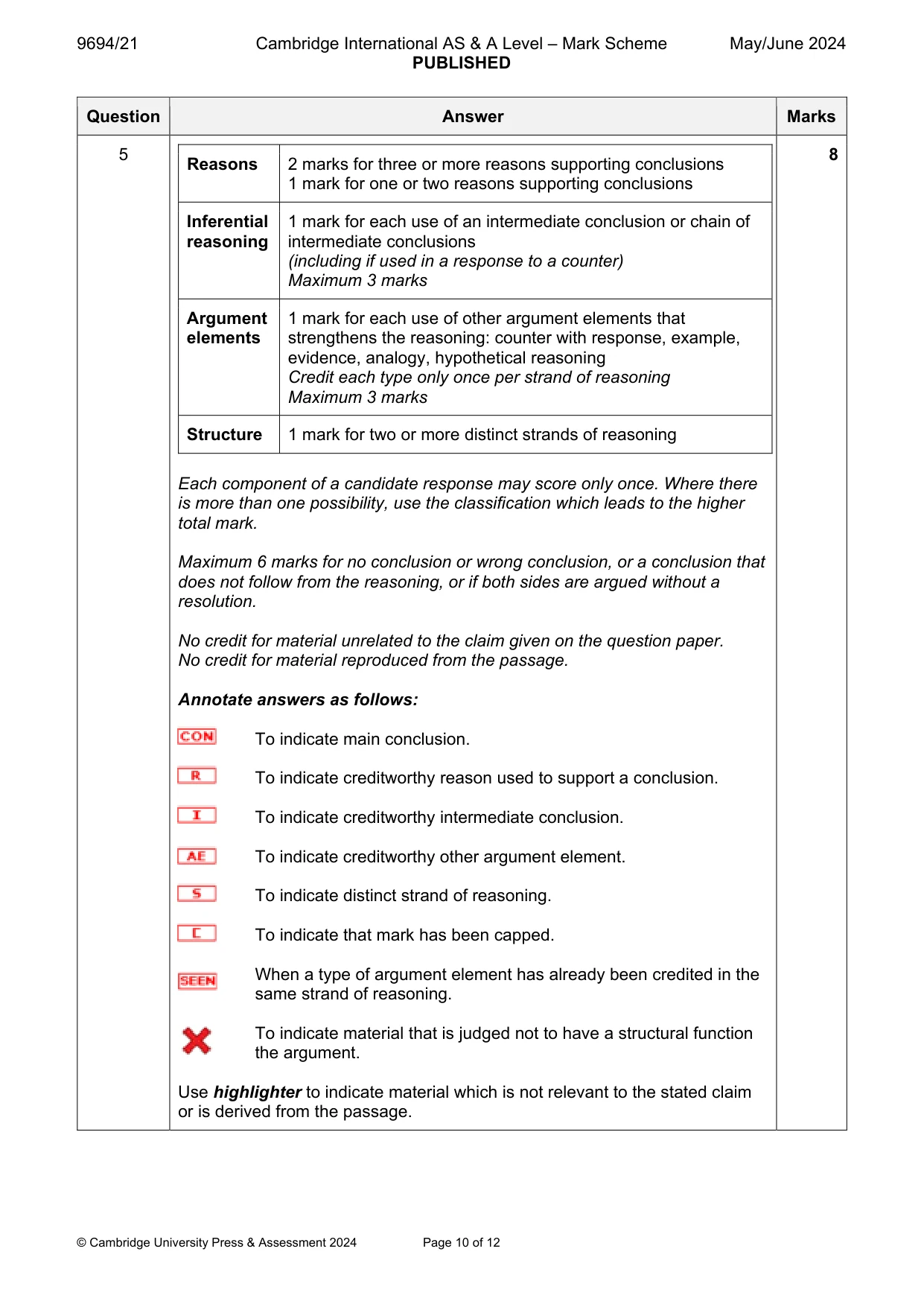Mark scheme, page 10 of 12