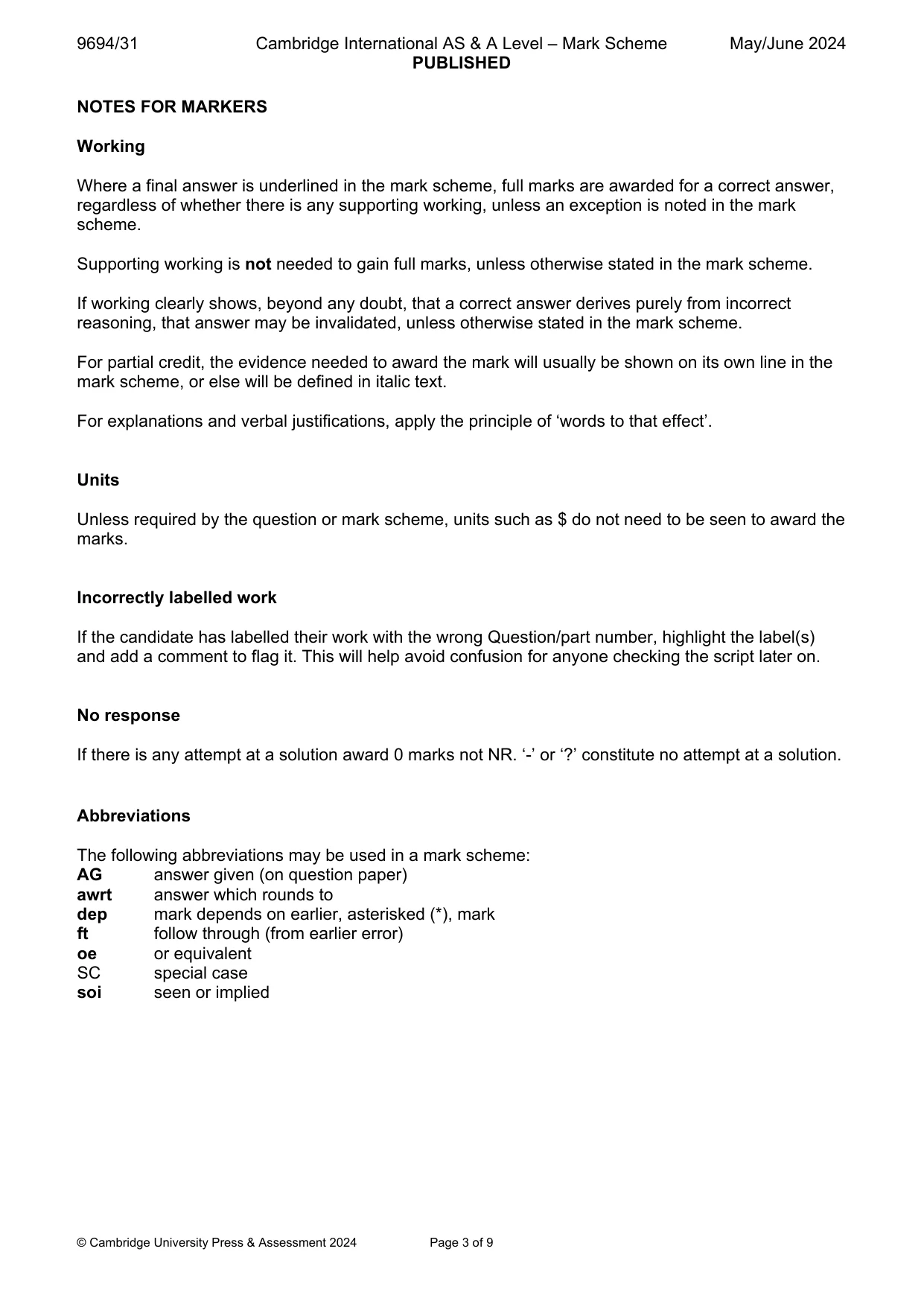 Mark scheme, page 3 of 9