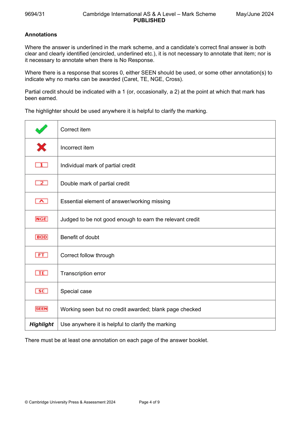 Mark scheme, page 4 of 9