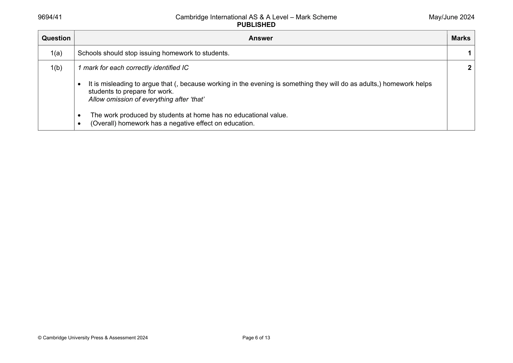 Mark scheme, page 6 of 13