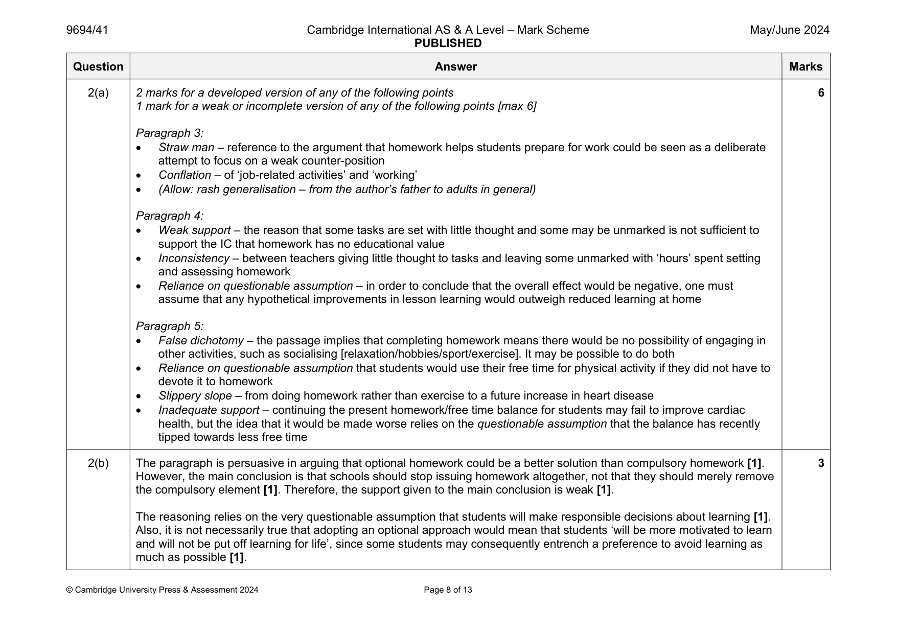 Mark scheme, page 8 of 13