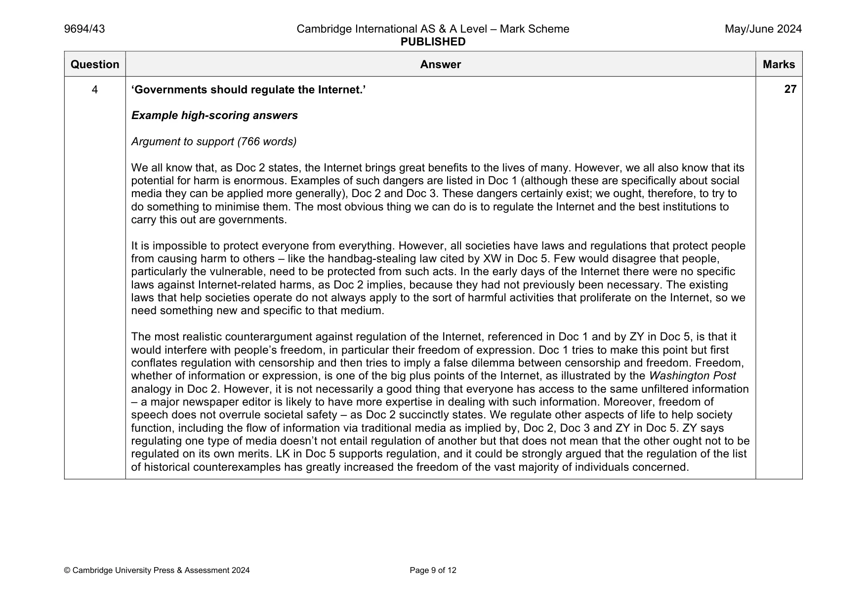 Mark scheme, page 9 of 12