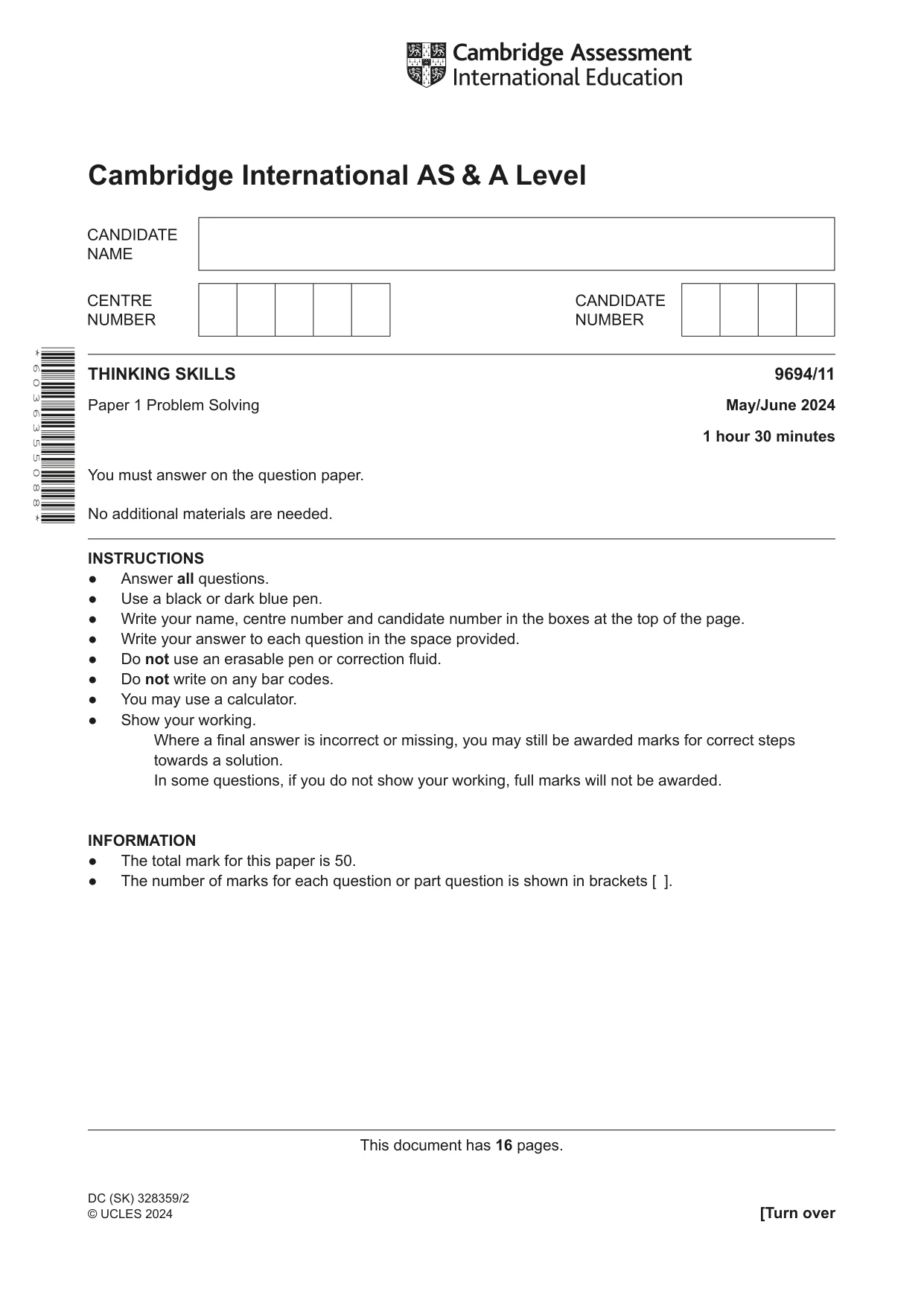 Cambridge A Level Thinking Skills 9694 2024 May/June Paper 1 · Variant 1 question paper, page 1 of 16