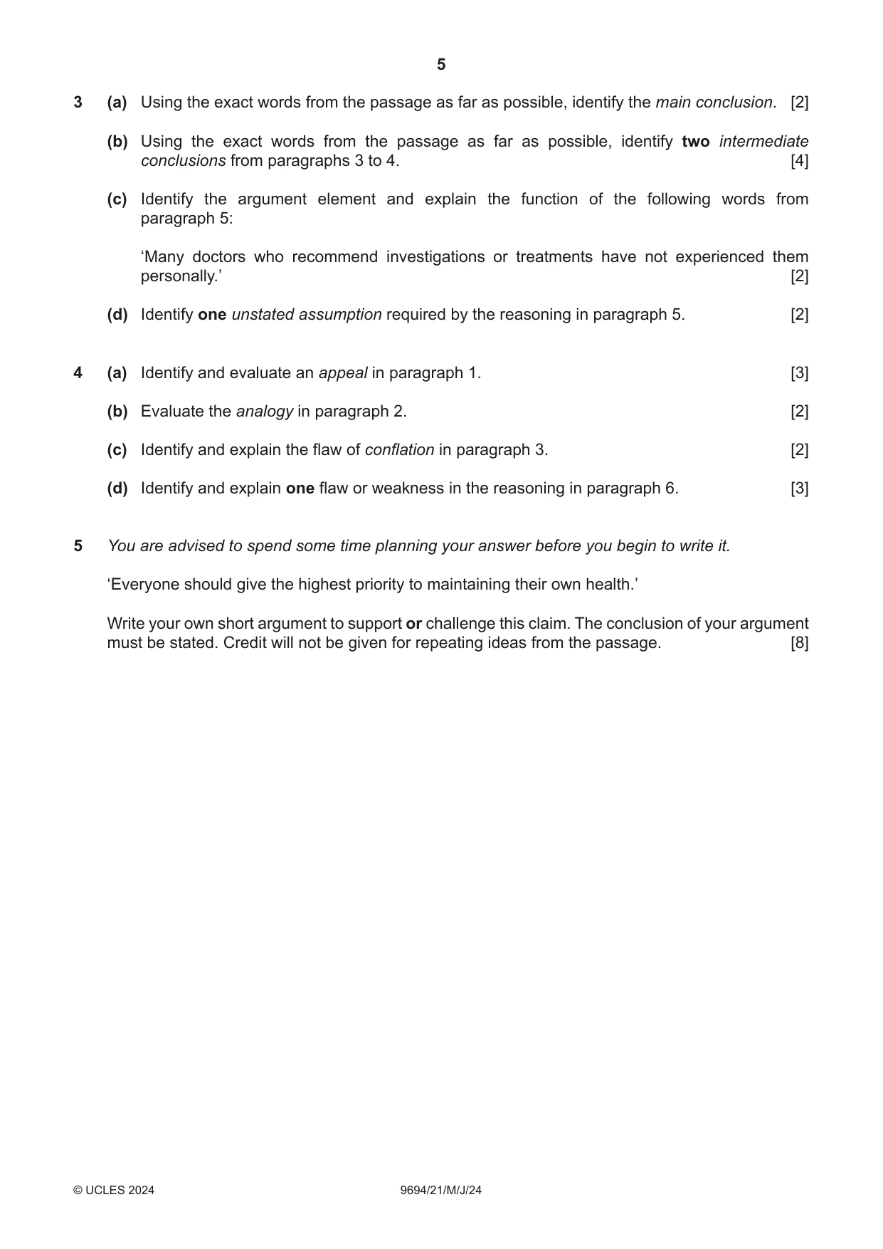 Cambridge A Level Thinking Skills 9694 2024 May/June Paper 2 · Variant 1 question paper, page 5 of 8