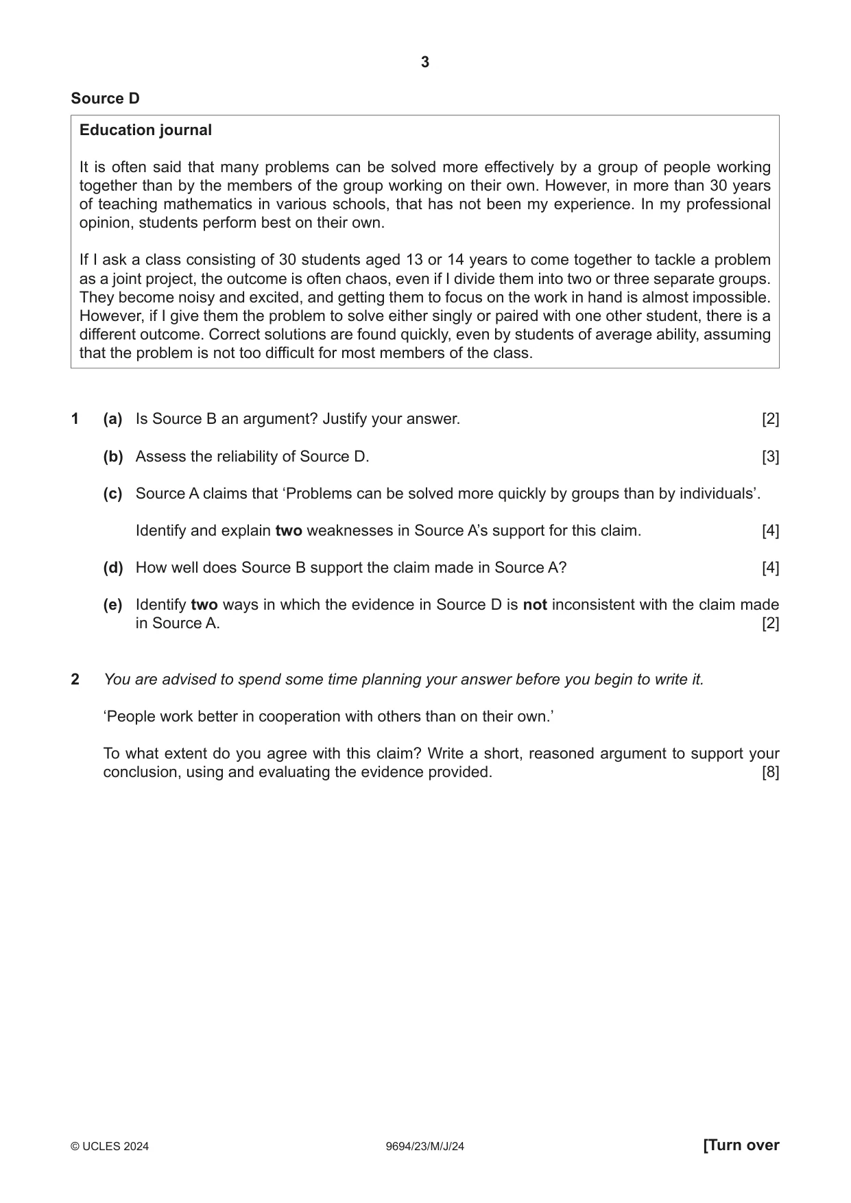 Cambridge A Level Thinking Skills 9694 2024 May/June Paper 2 · Variant 3 question paper, page 3 of 8