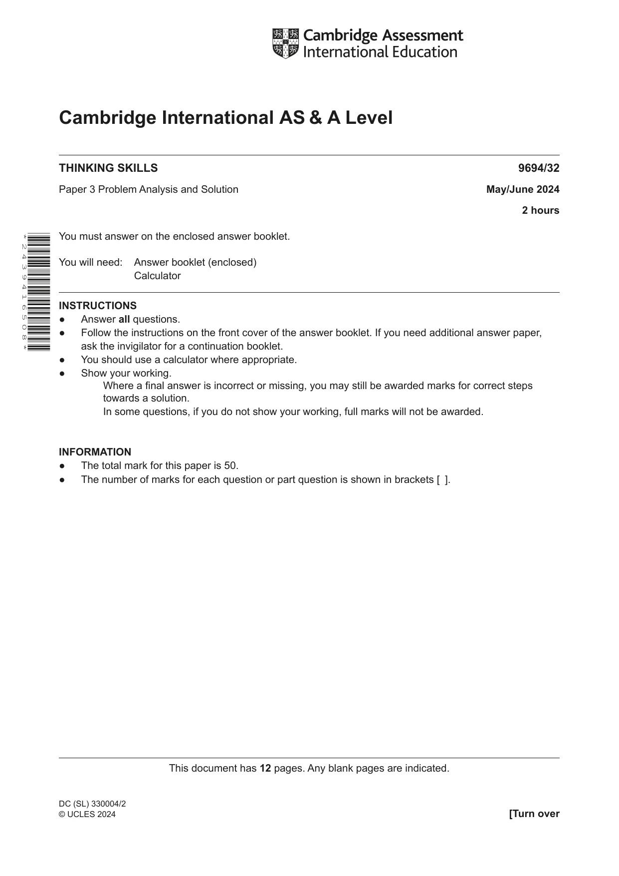 Cambridge A Level Thinking Skills 9694 2024 May/June Paper 3 · Variant 2 question paper, page 1 of 12