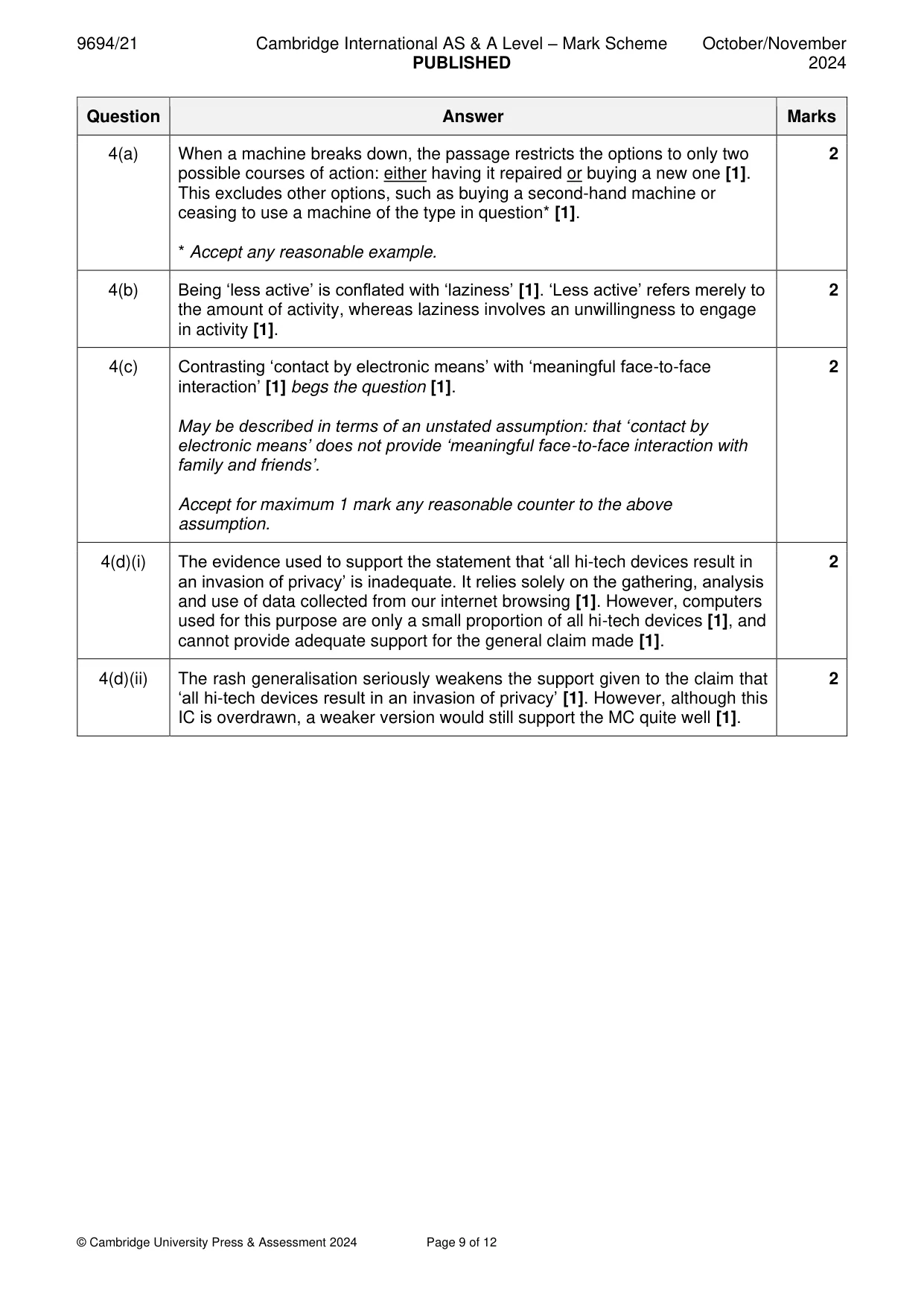 Mark scheme, page 9 of 12