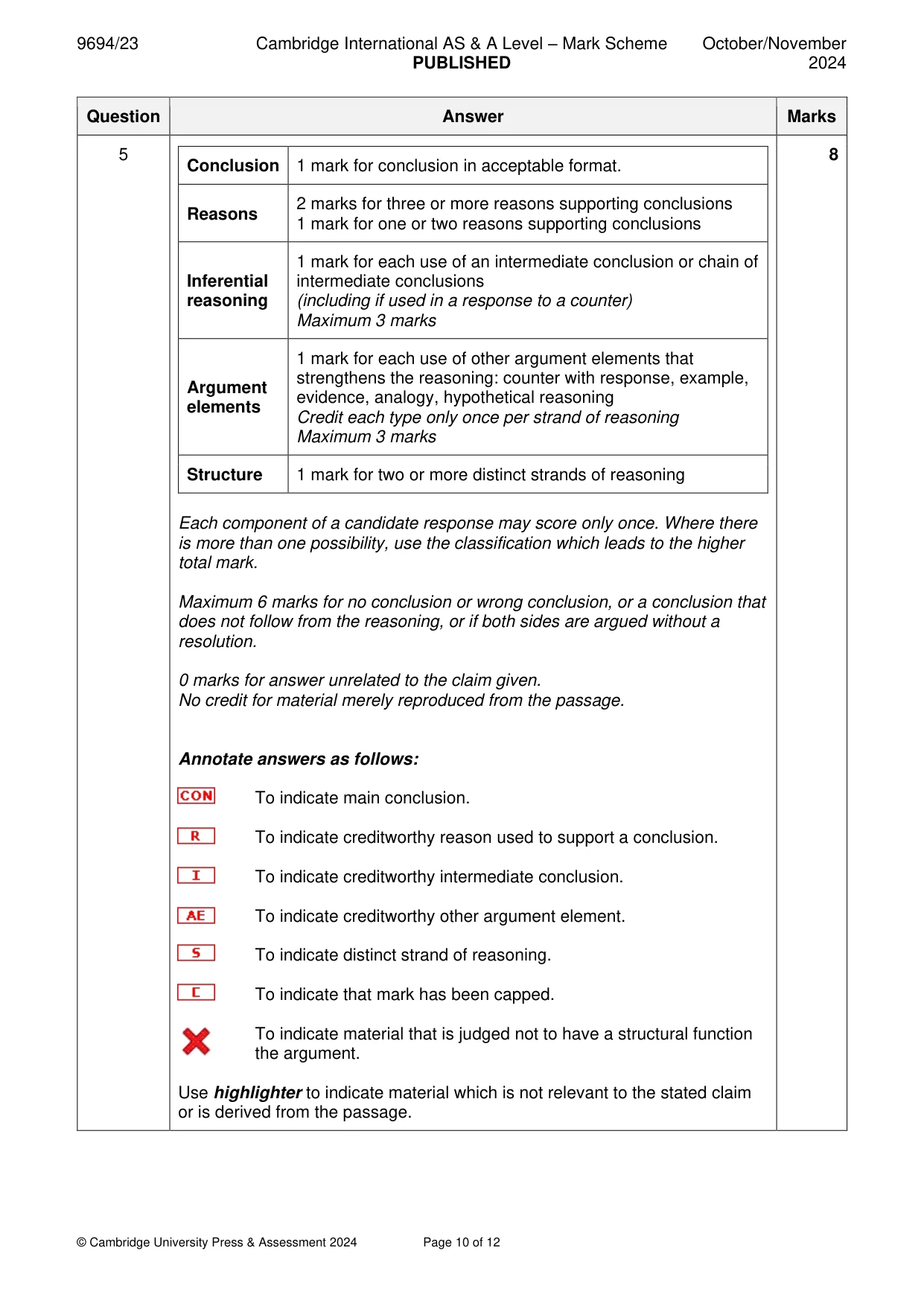 Mark scheme, page 10 of 12