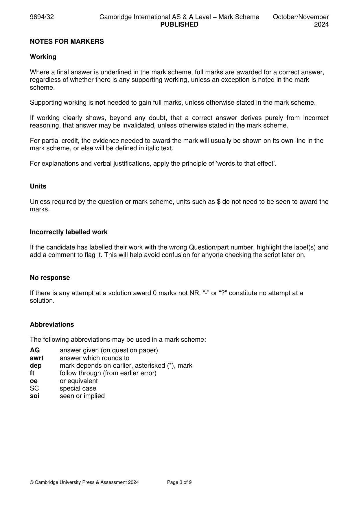 Mark scheme, page 3 of 9