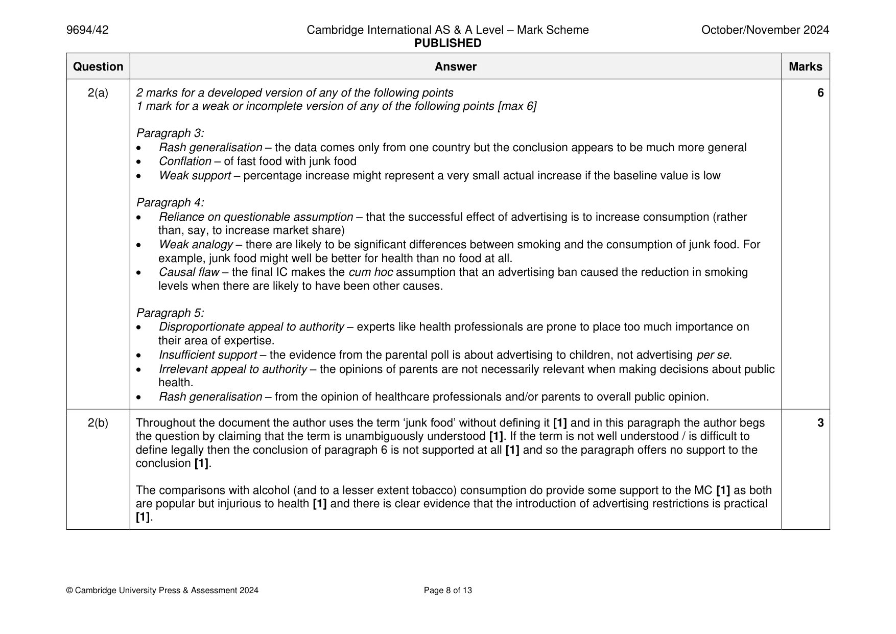 Mark scheme, page 8 of 13