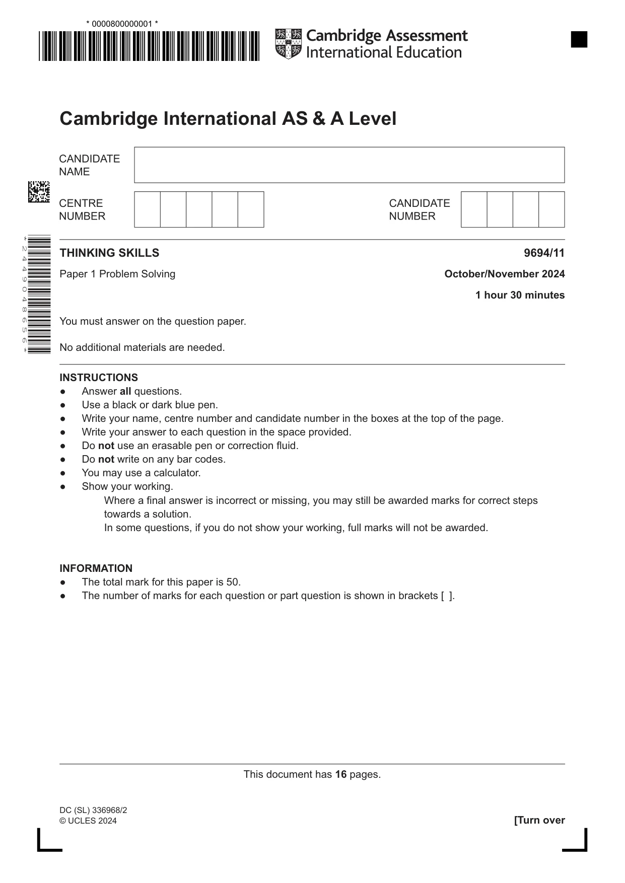 Cambridge A Level Thinking Skills 9694 2024 Oct/Nov Paper 1 · Variant 1 question paper, page 1 of 16