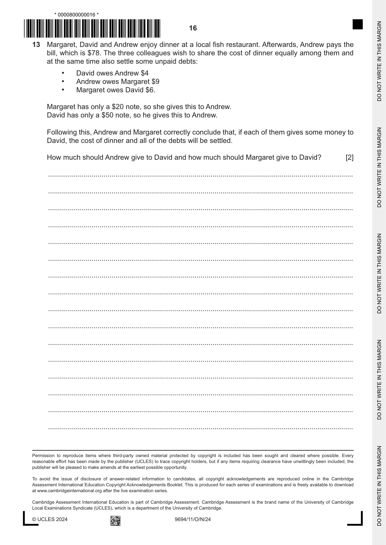 Cambridge A Level Thinking Skills 9694 2024 Oct/Nov Paper 1 · Variant 1 question paper, page 16 of 16