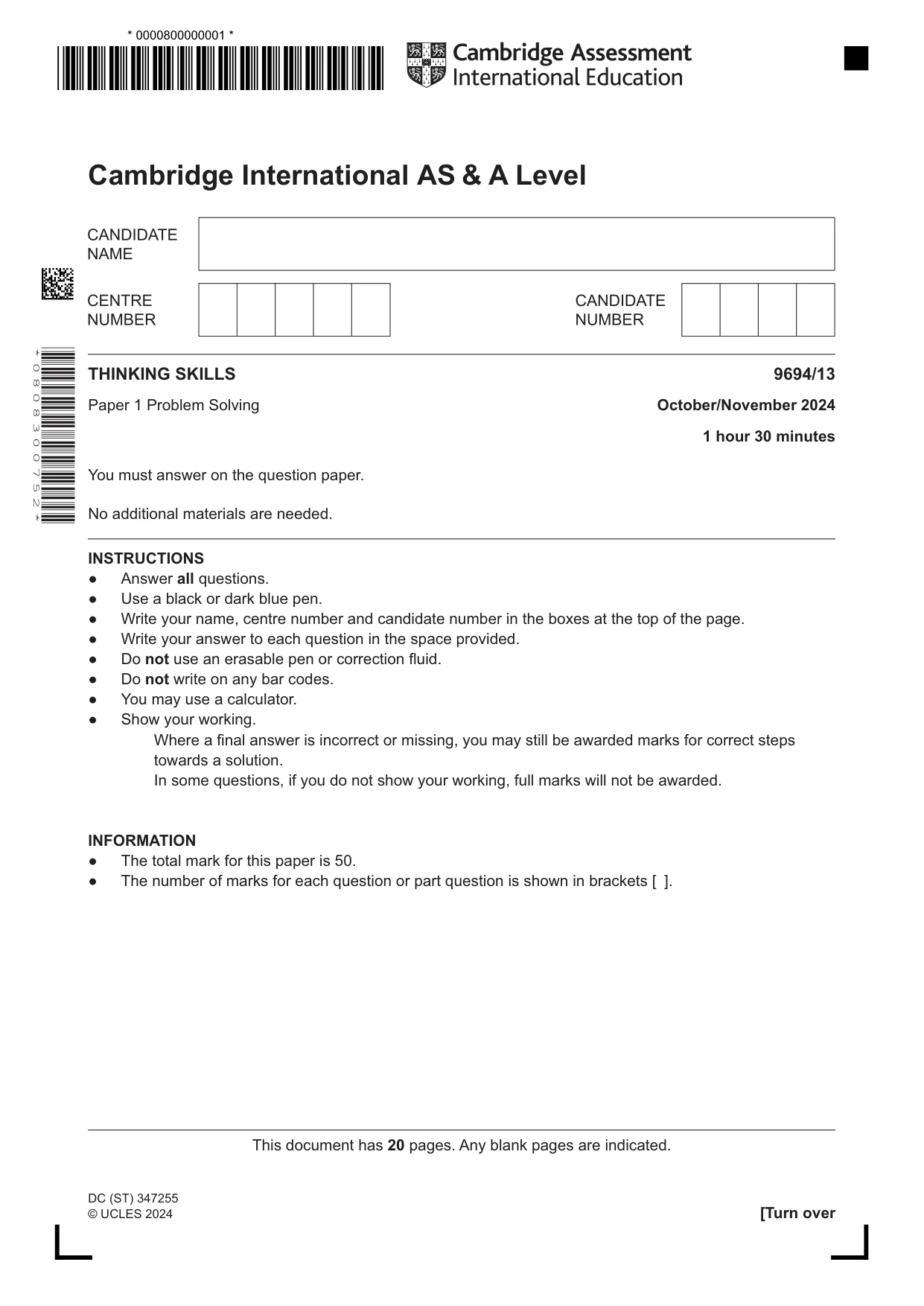 Cambridge A Level Thinking Skills 9694 2024 Oct/Nov Paper 1 · Variant 3 question paper, page 1 of 20