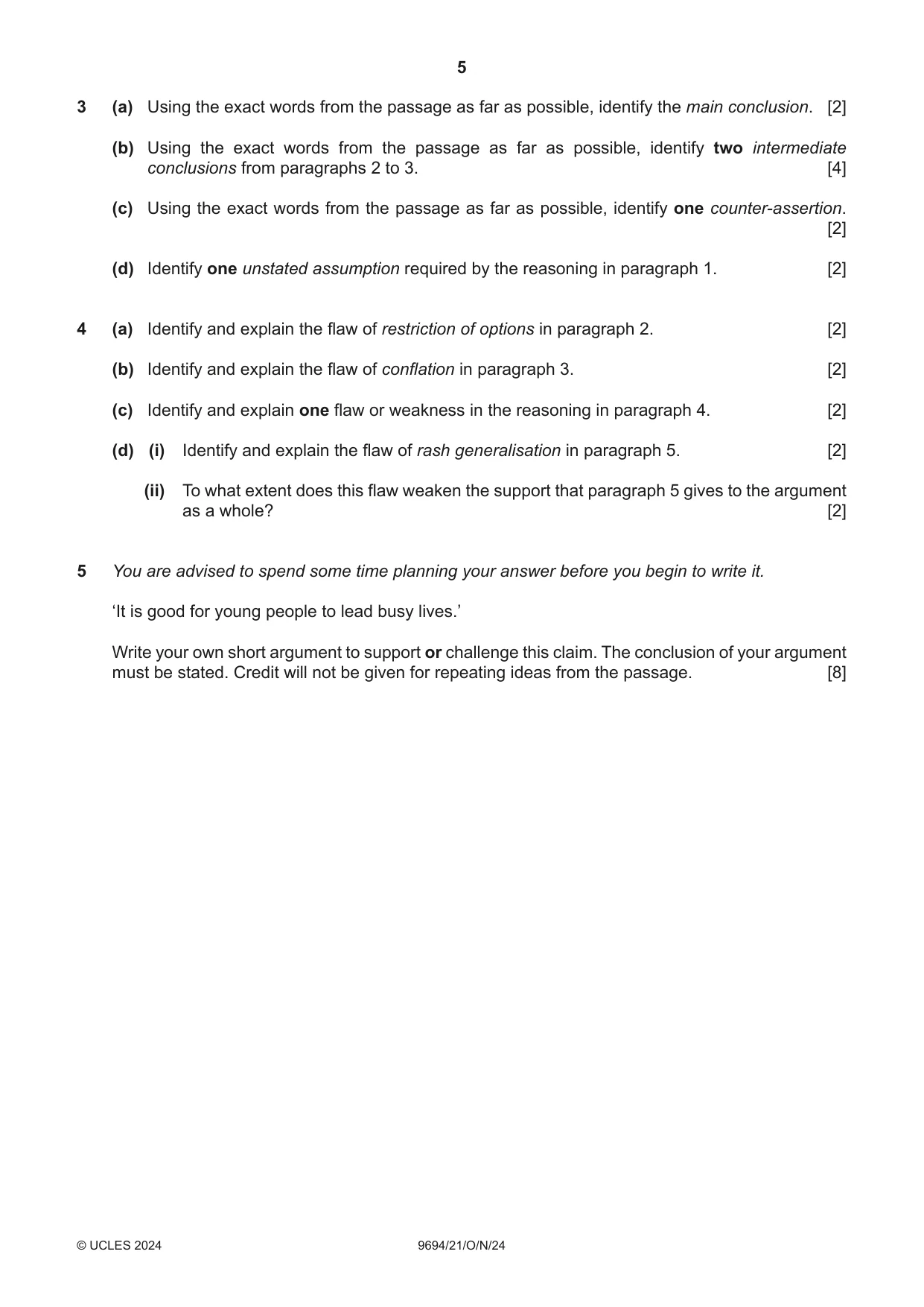 Cambridge A Level Thinking Skills 9694 2024 Oct/Nov Paper 2 · Variant 1 question paper, page 5 of 8