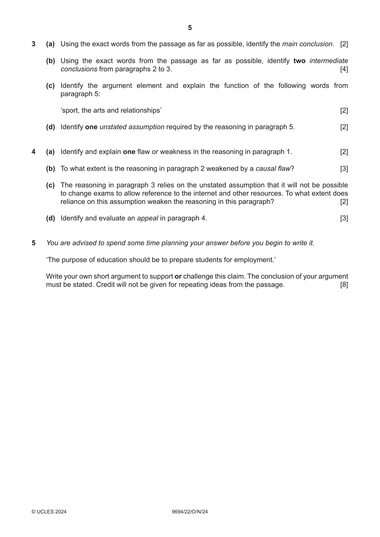 Cambridge A Level Thinking Skills 9694 2024 Oct/Nov Paper 2 · Variant 2 question paper, page 5 of 8