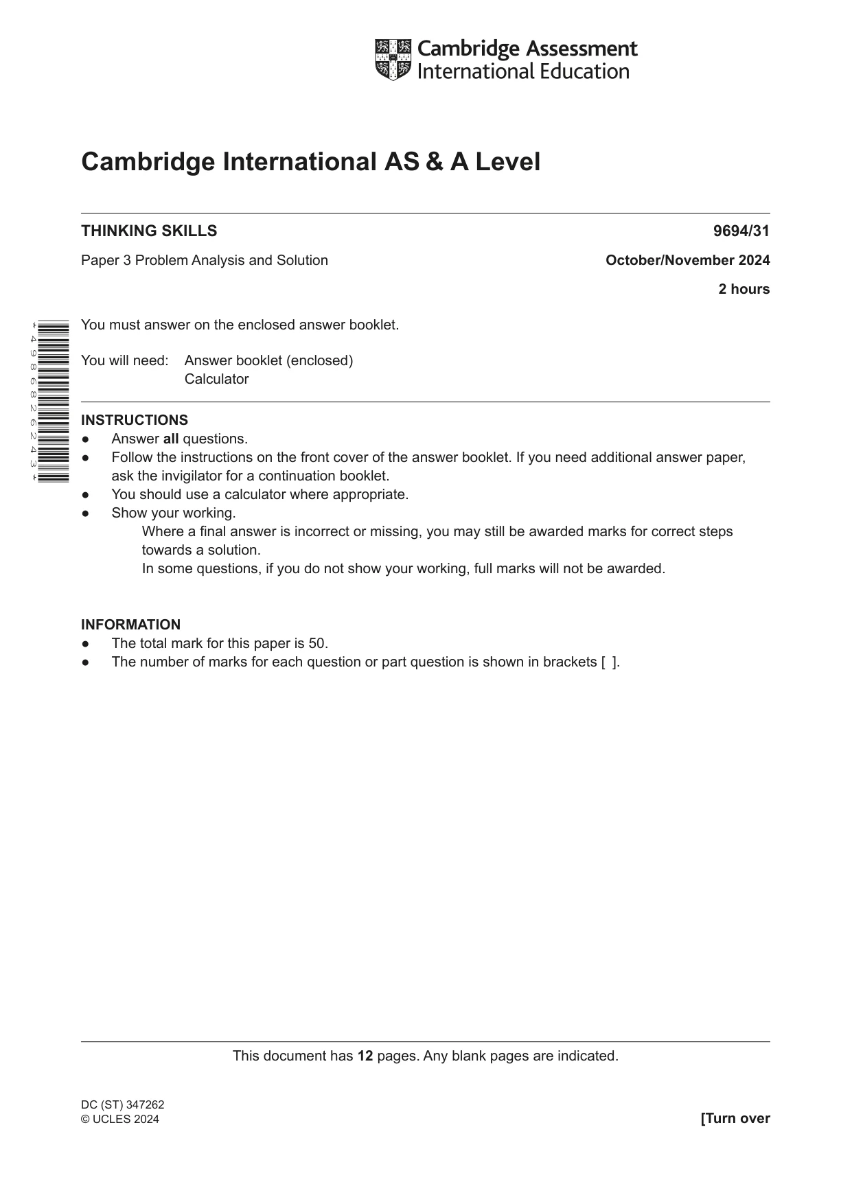 Cambridge A Level Thinking Skills 9694 2024 Oct/Nov Paper 3 · Variant 1 question paper, page 1 of 12