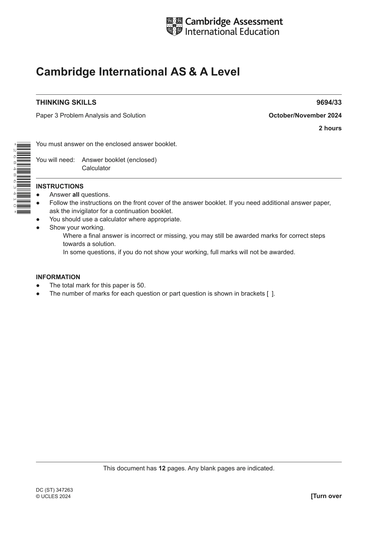 Cambridge A Level Thinking Skills 9694 2024 Oct/Nov Paper 3 · Variant 3 question paper, page 1 of 12