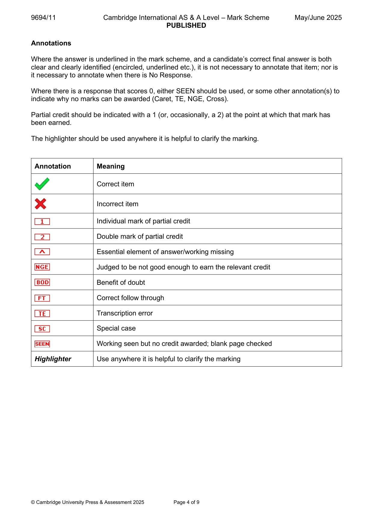 Mark scheme, page 4 of 9