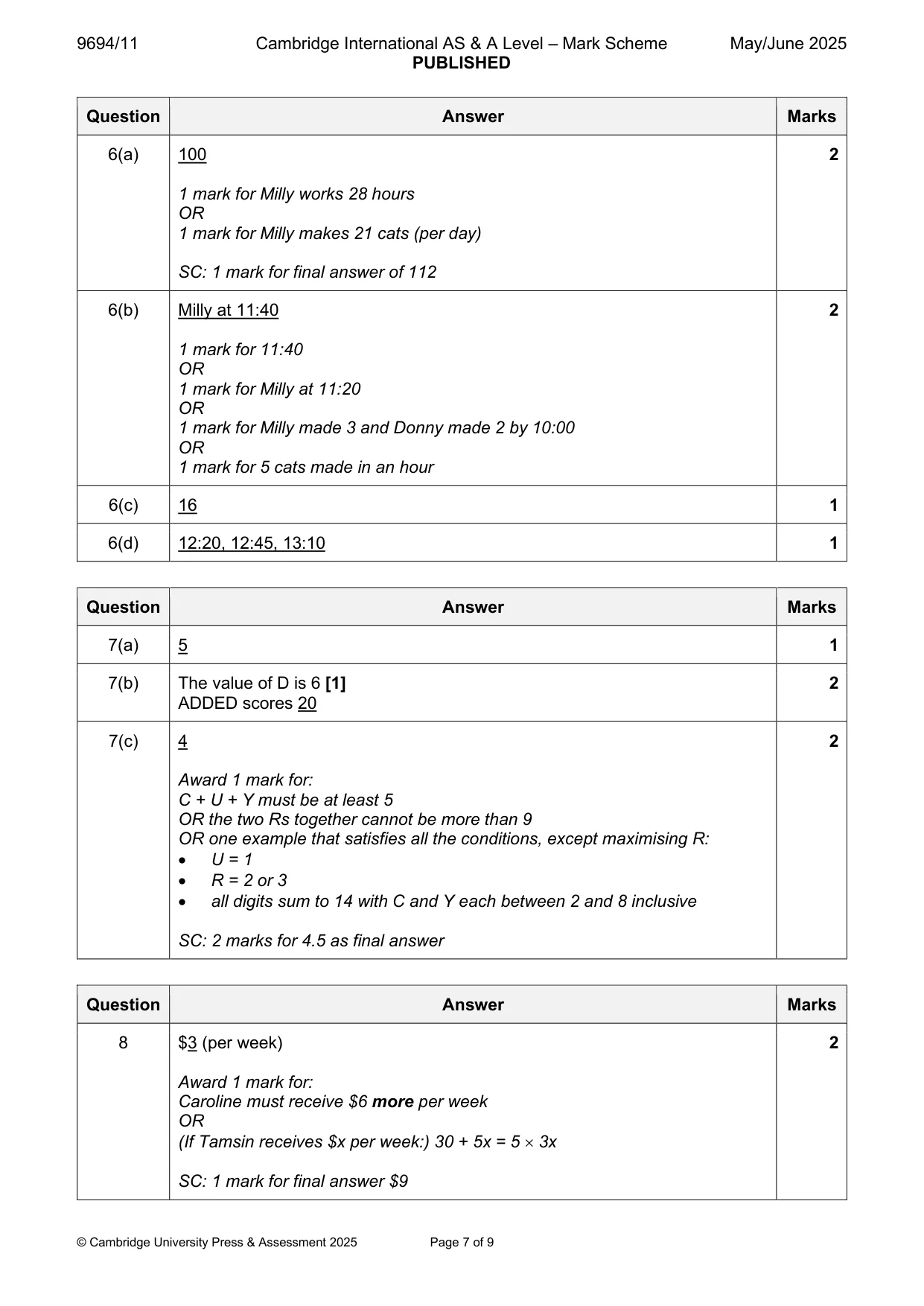 Mark scheme, page 7 of 9