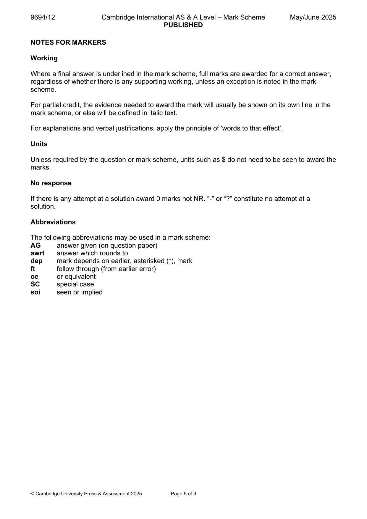 Mark scheme, page 5 of 9