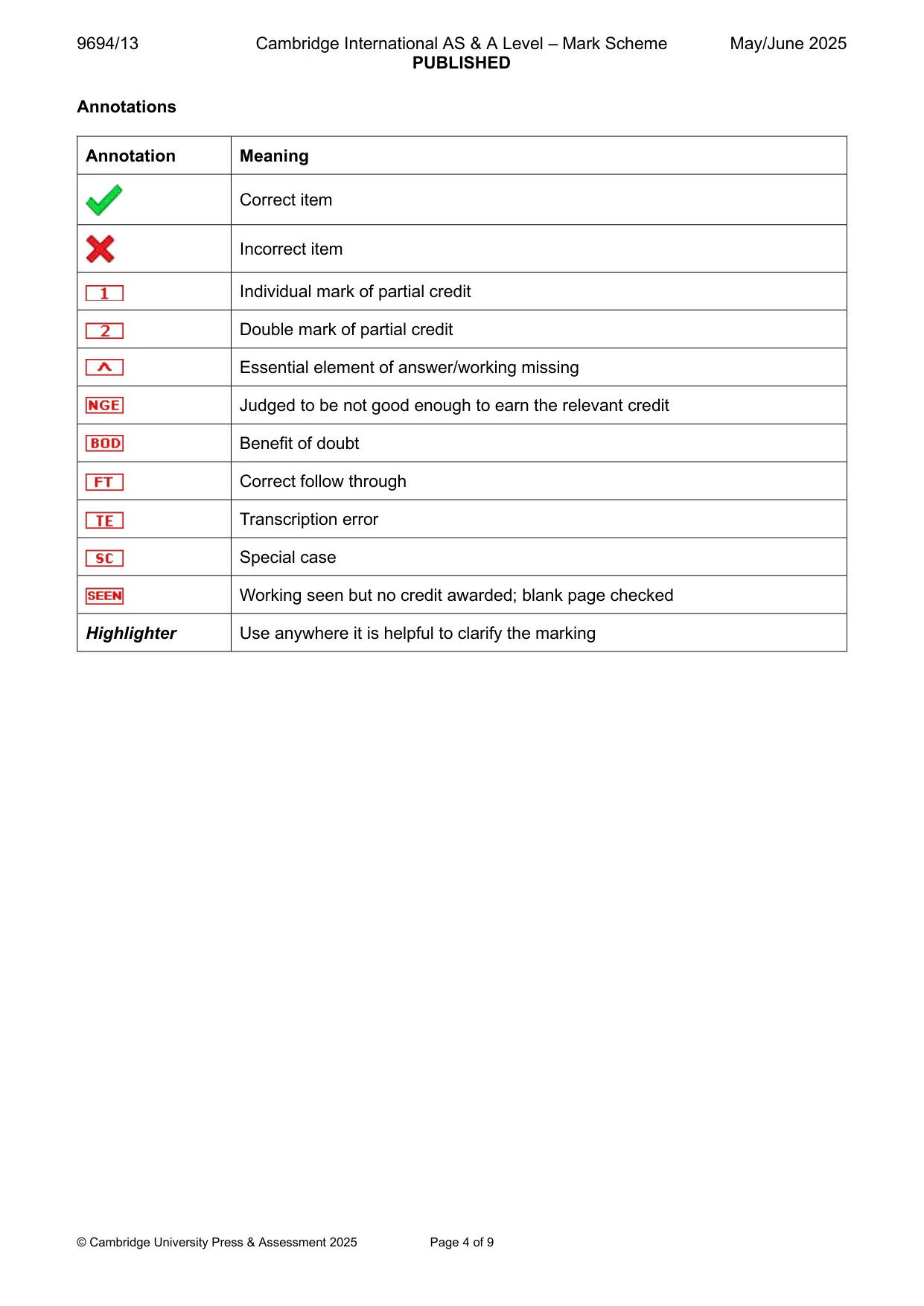 Mark scheme, page 4 of 9