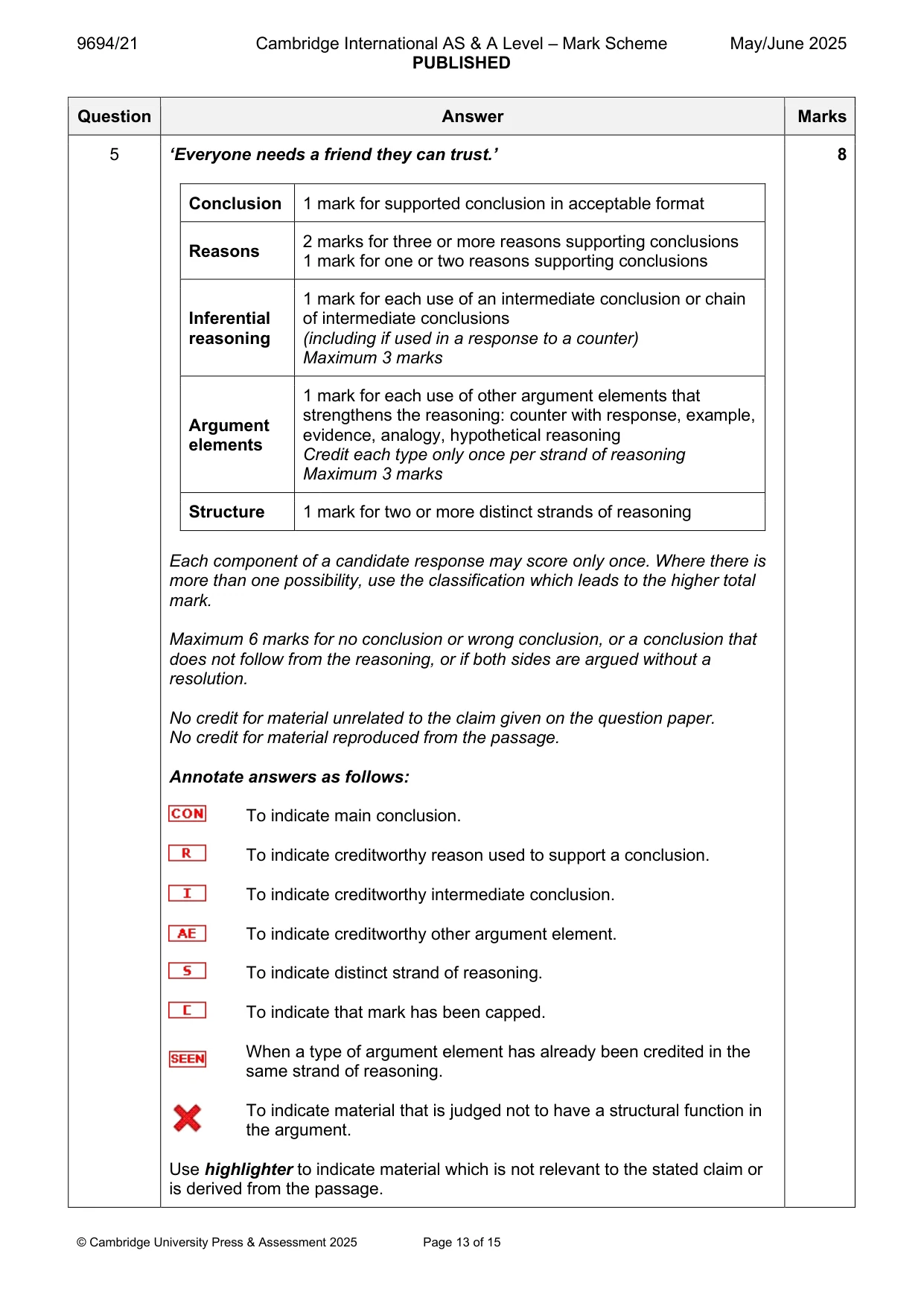Mark scheme, page 13 of 15