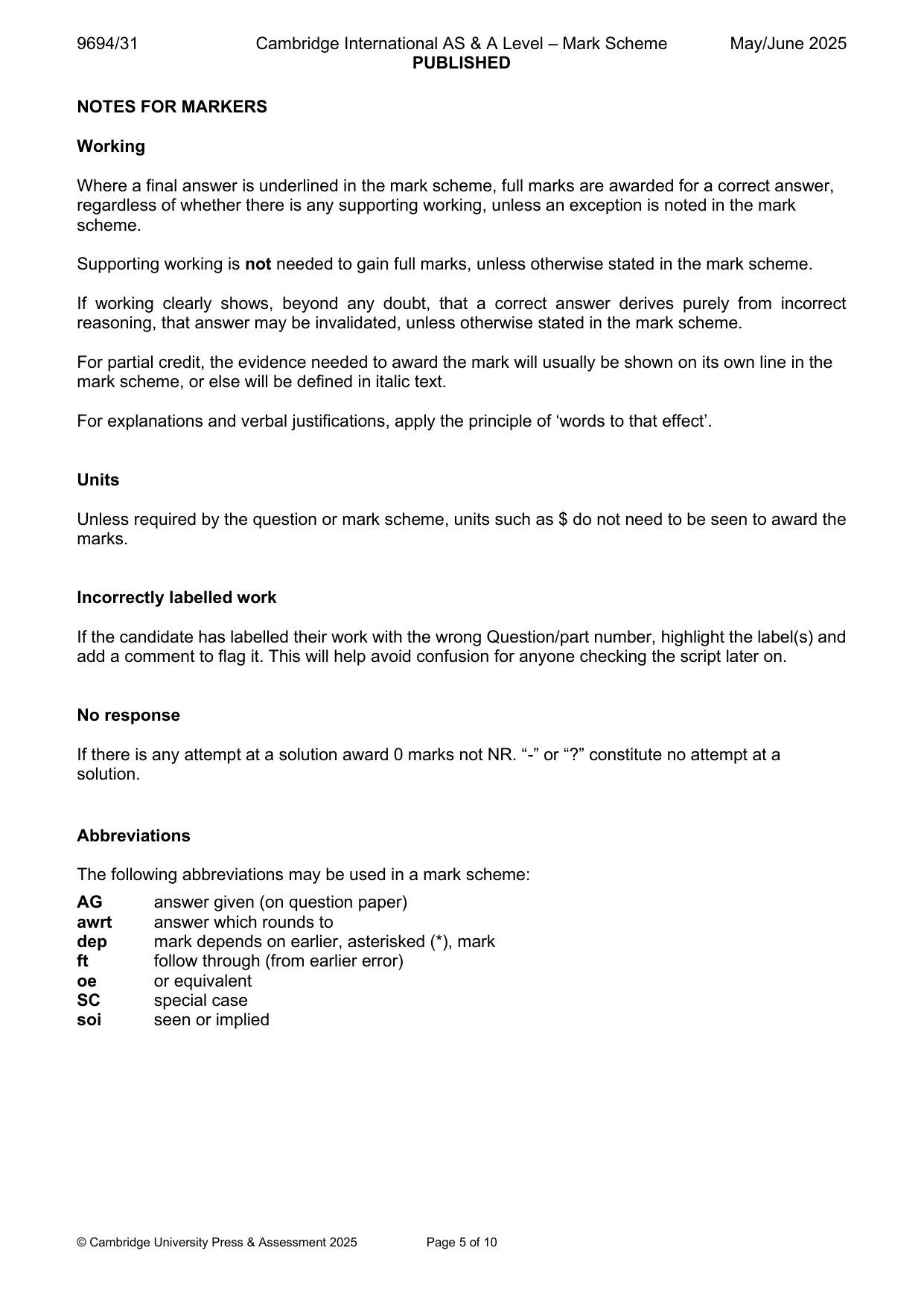 Mark scheme, page 5 of 10