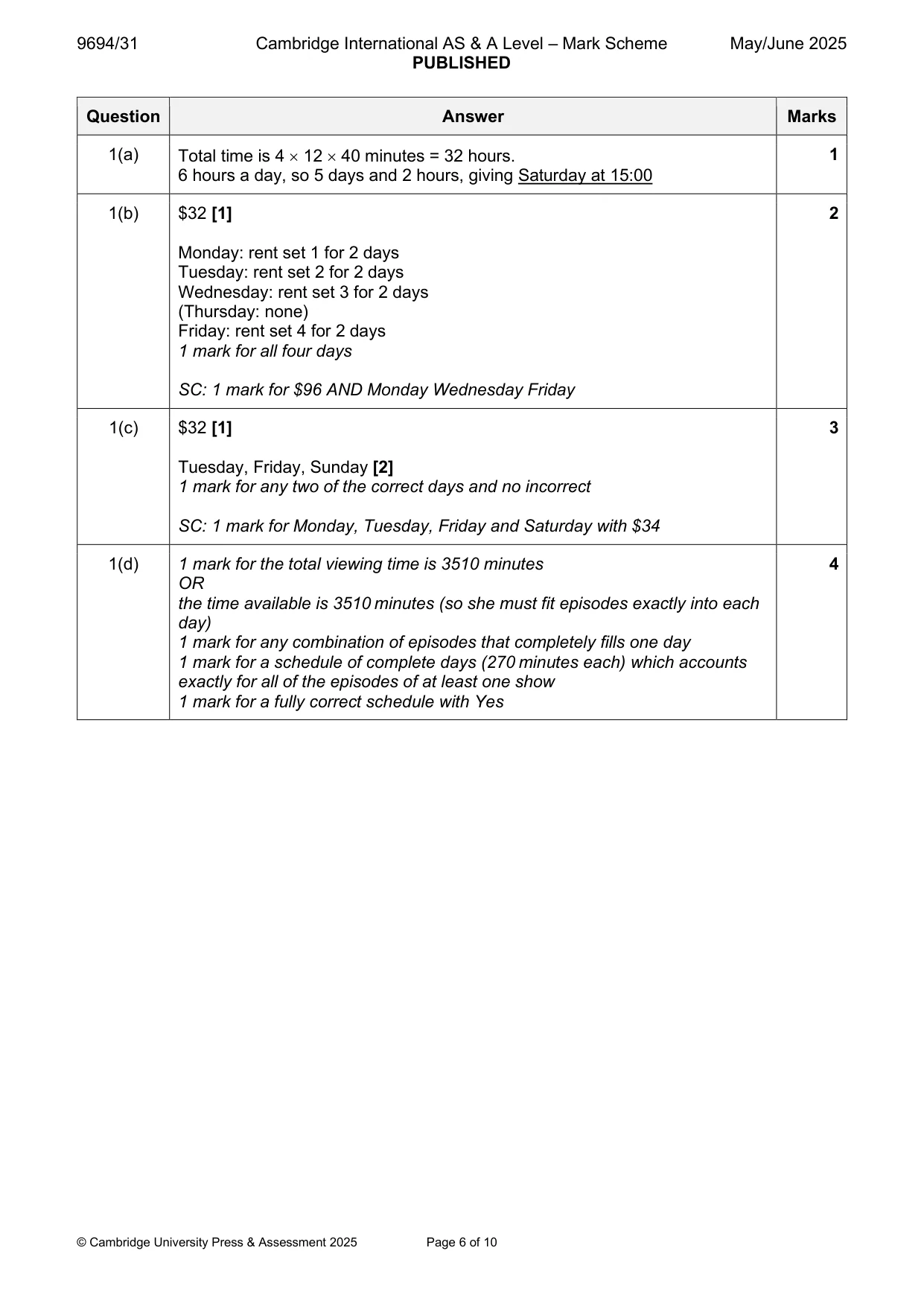 Mark scheme, page 6 of 10