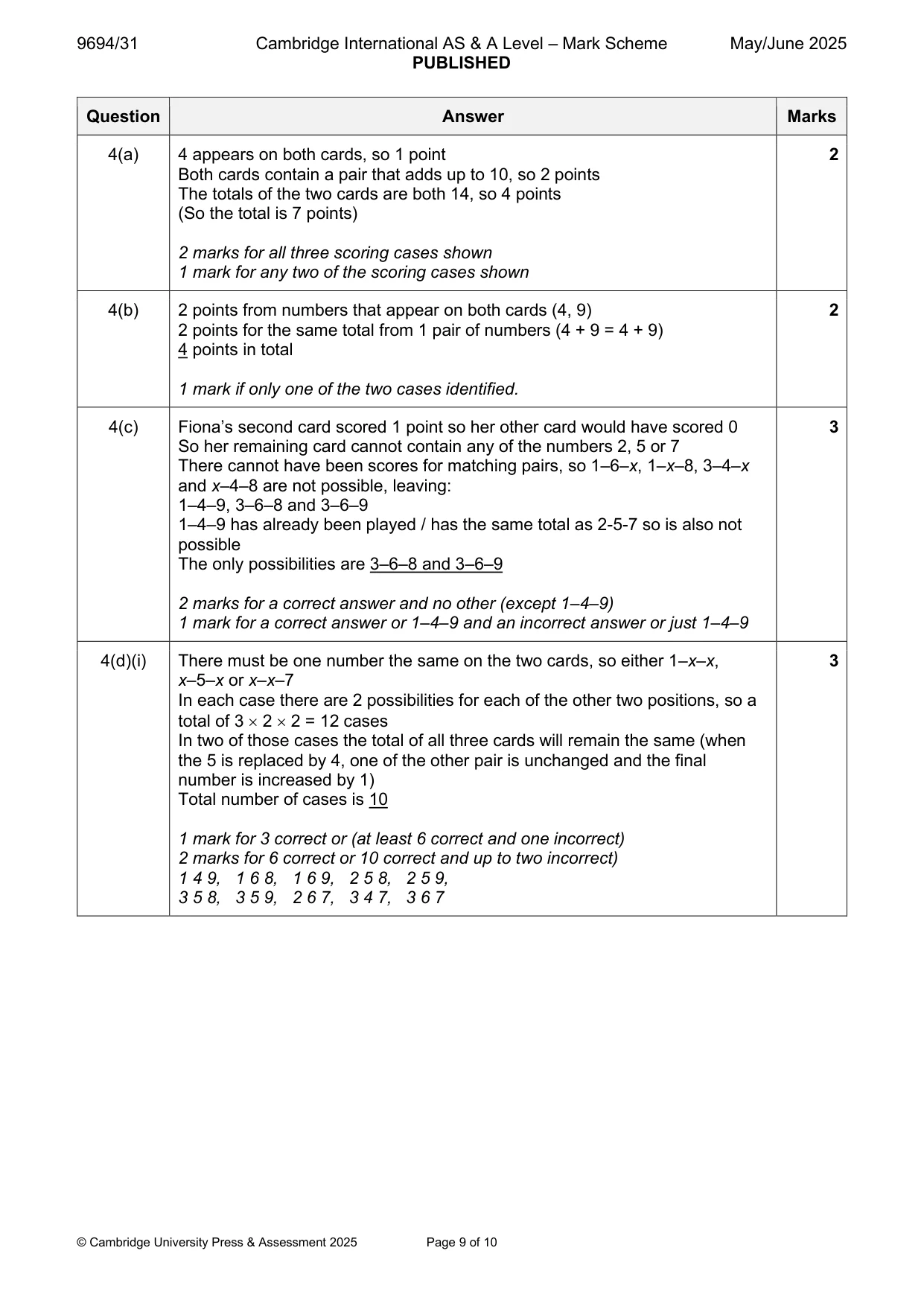 Mark scheme, page 9 of 10