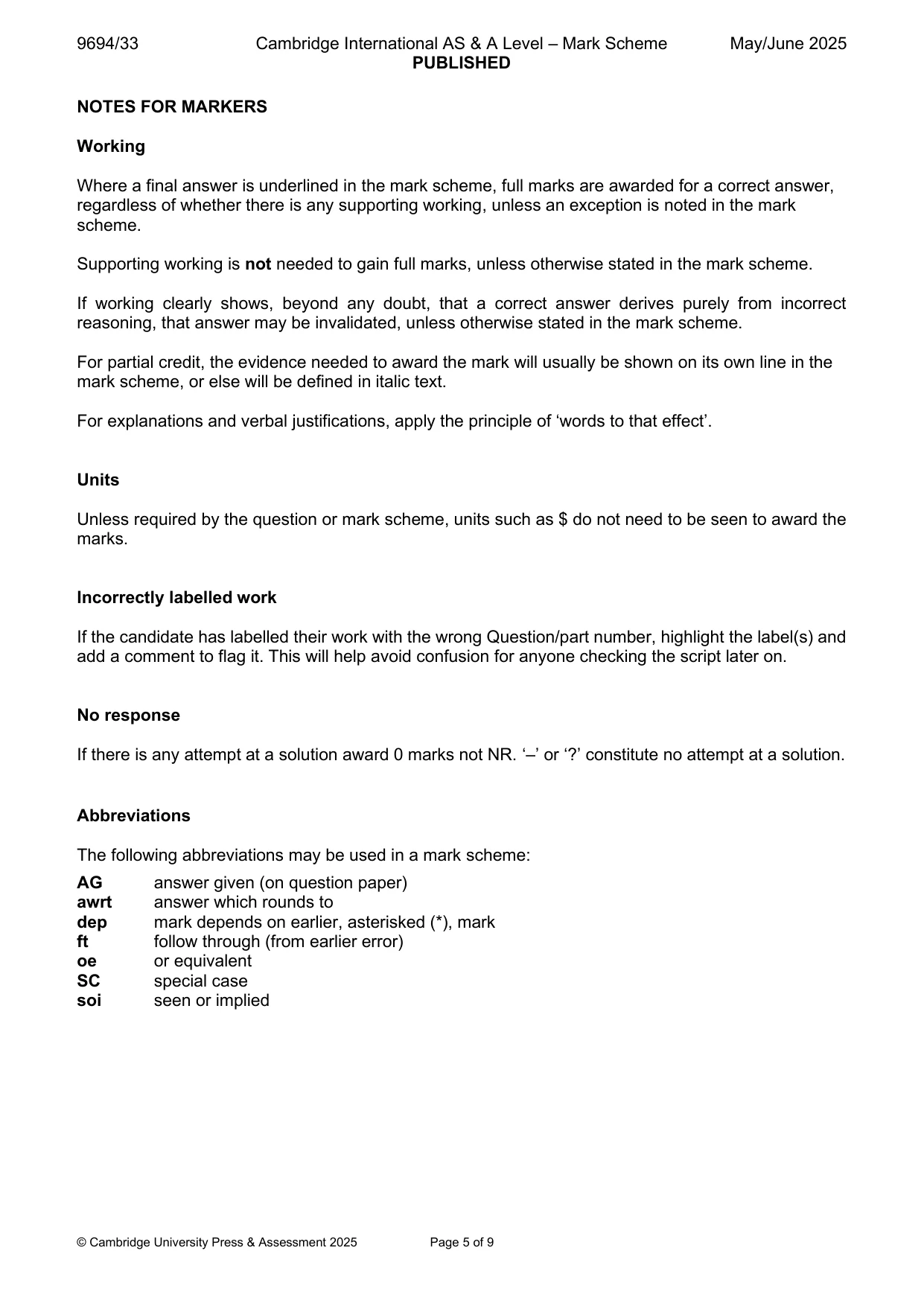 Mark scheme, page 5 of 9