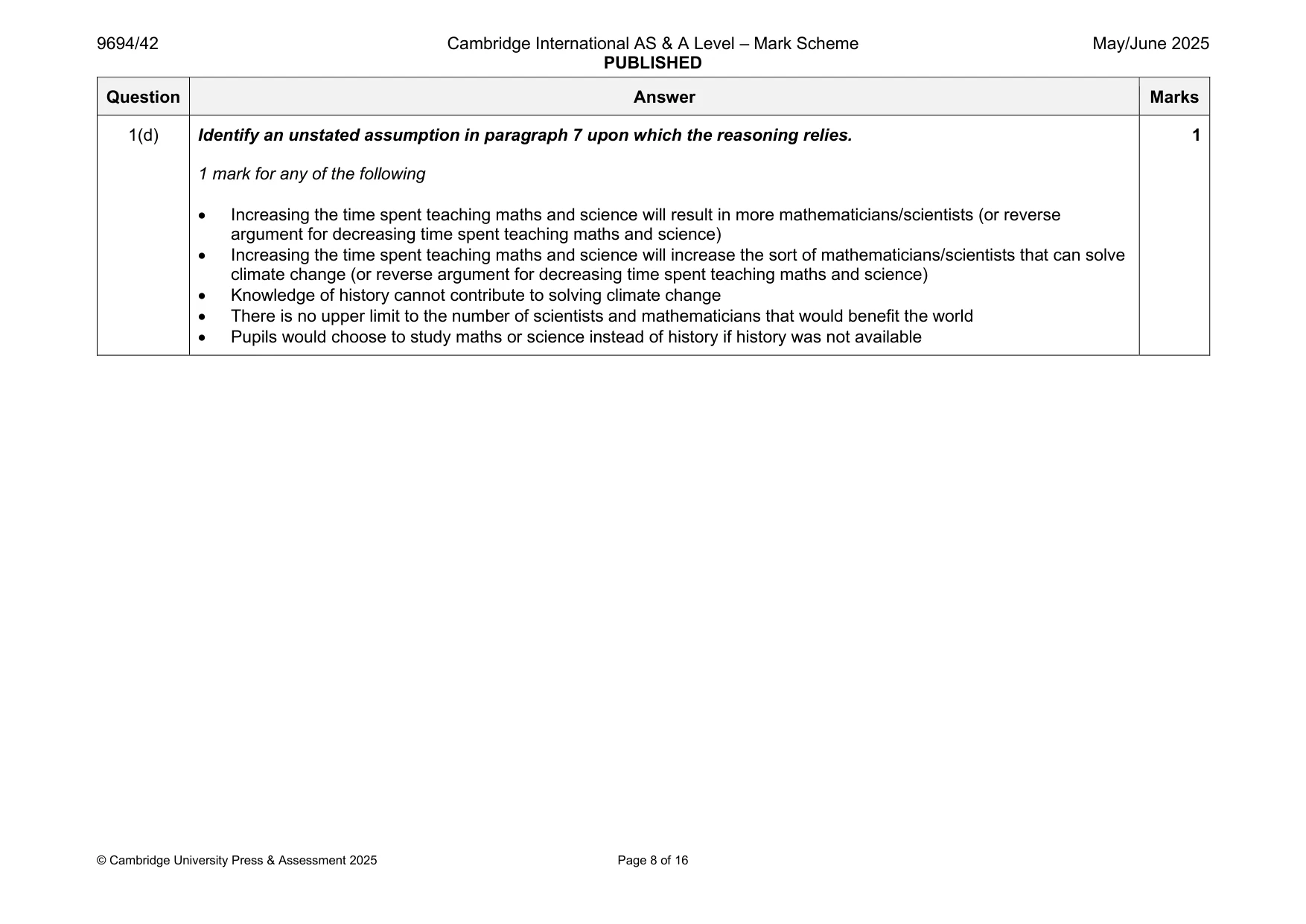 Mark scheme, page 8 of 16