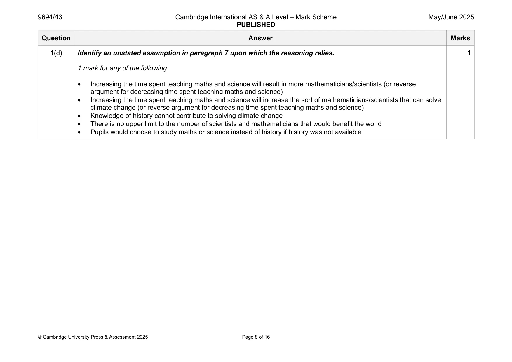 Mark scheme, page 8 of 16