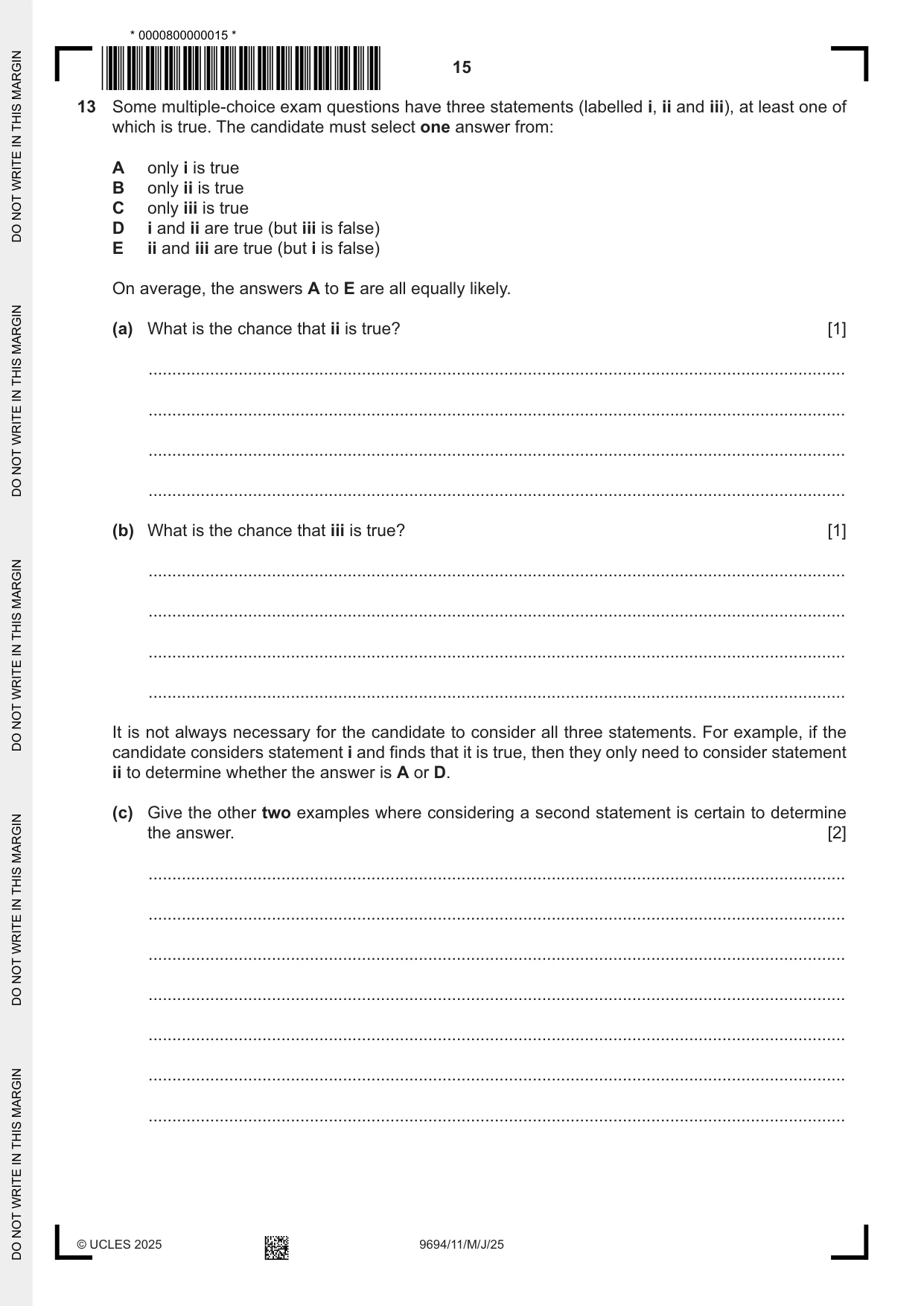 Cambridge A Level Thinking Skills 9694 2025 May/June Paper 1 · Variant 1 question paper, page 15 of 16
