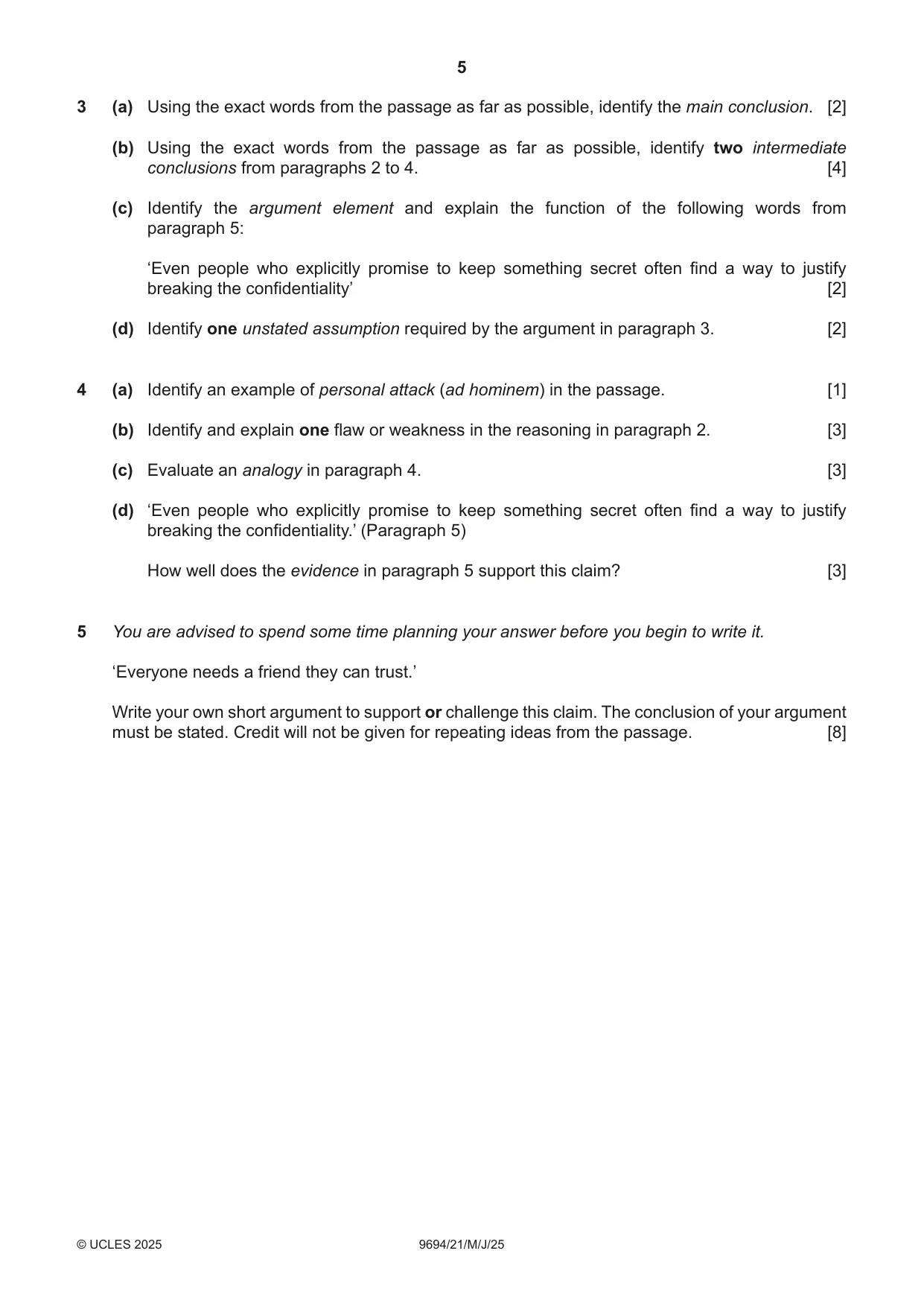 Cambridge A Level Thinking Skills 9694 2025 May/June Paper 2 · Variant 1 question paper, page 5 of 8