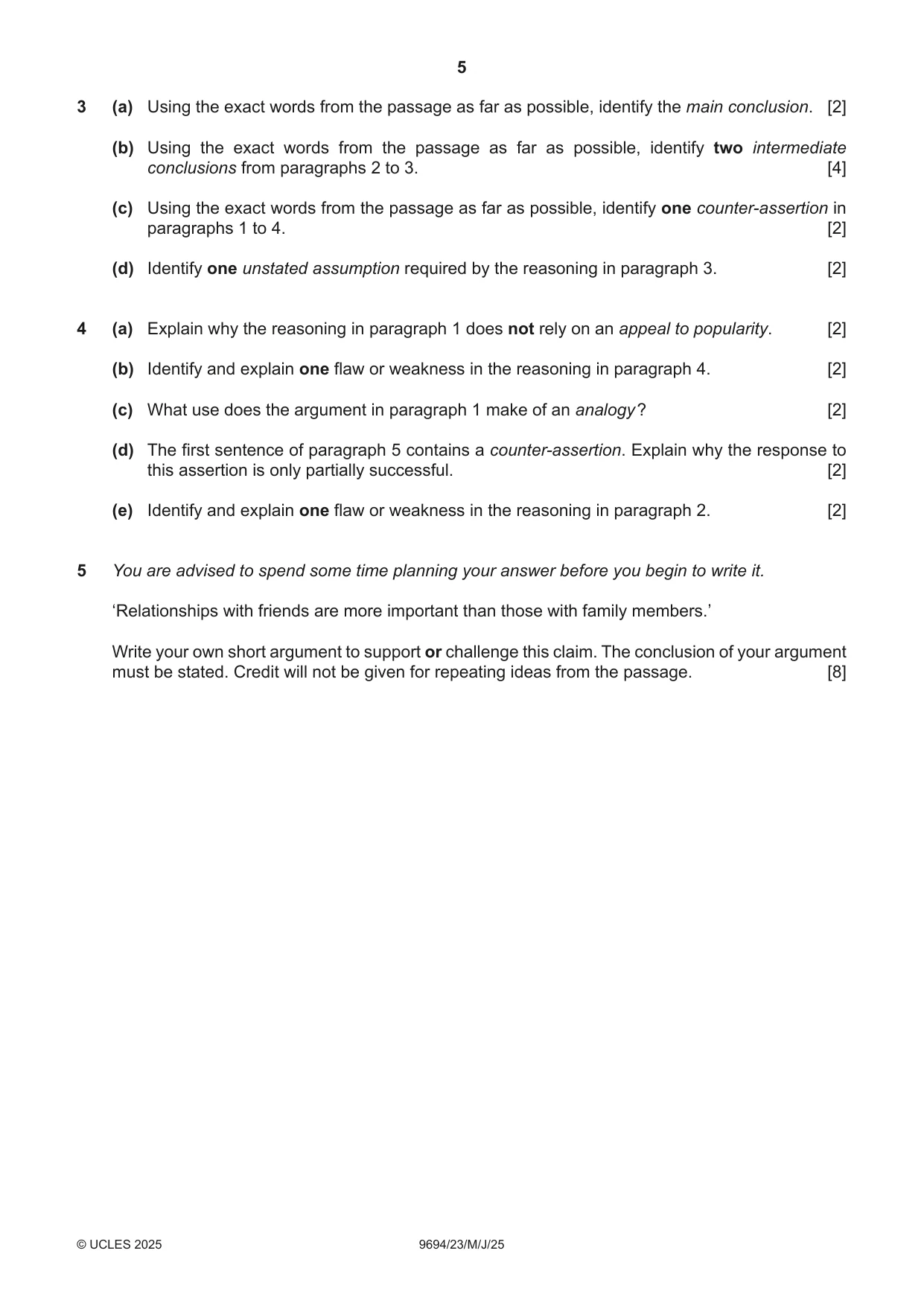 Cambridge A Level Thinking Skills 9694 2025 May/June Paper 2 · Variant 3 question paper, page 5 of 8