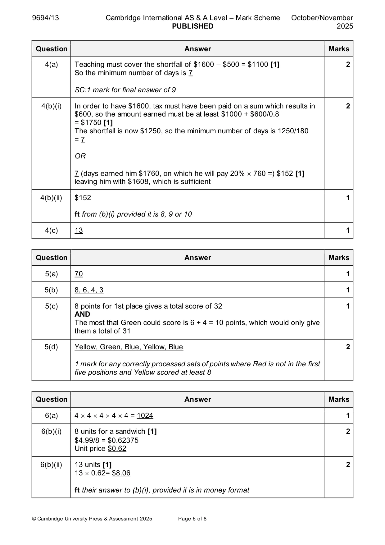 Mark scheme, page 6 of 8