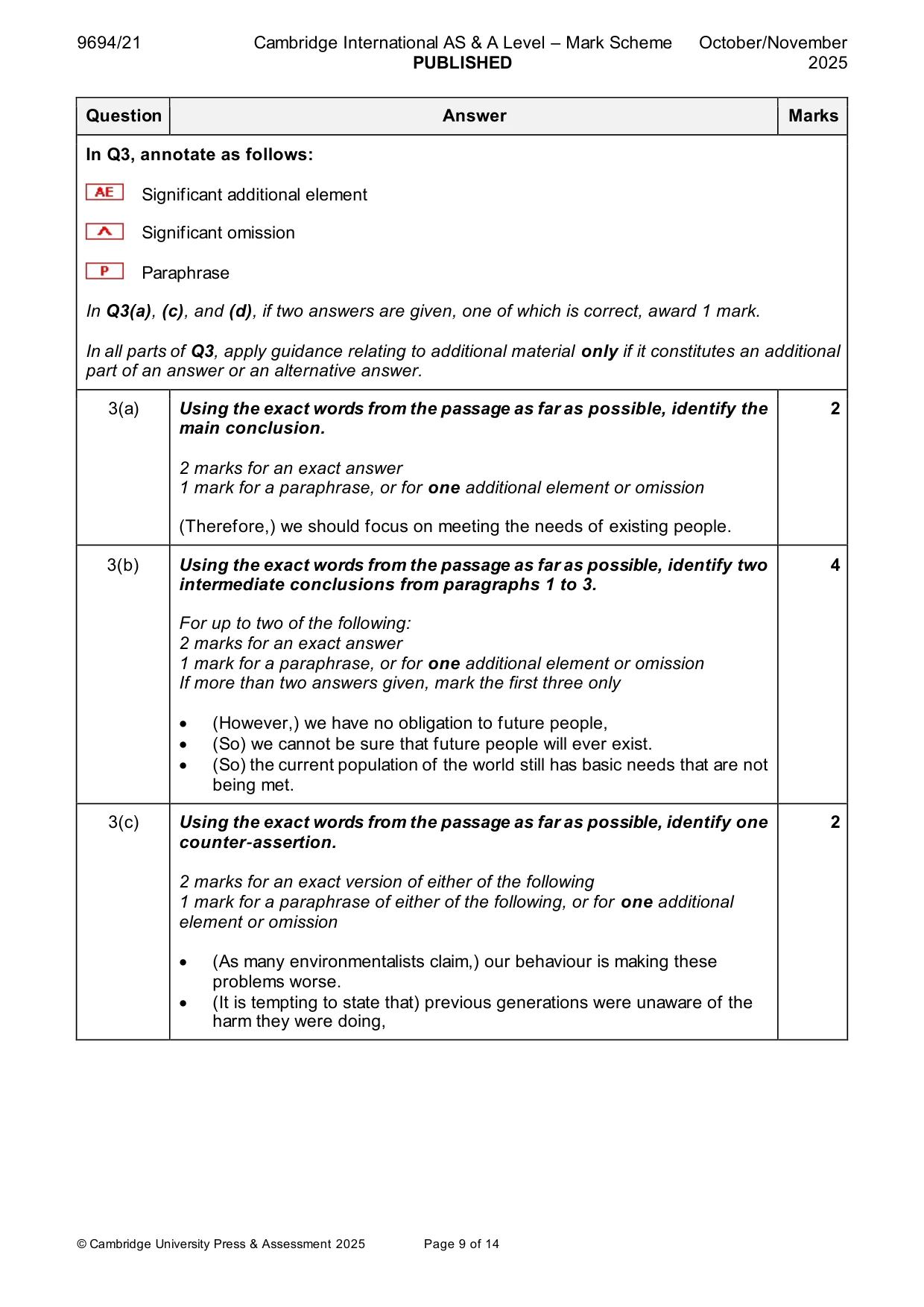 Mark scheme, page 9 of 14