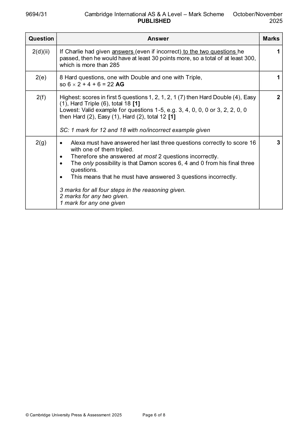Mark scheme, page 6 of 8