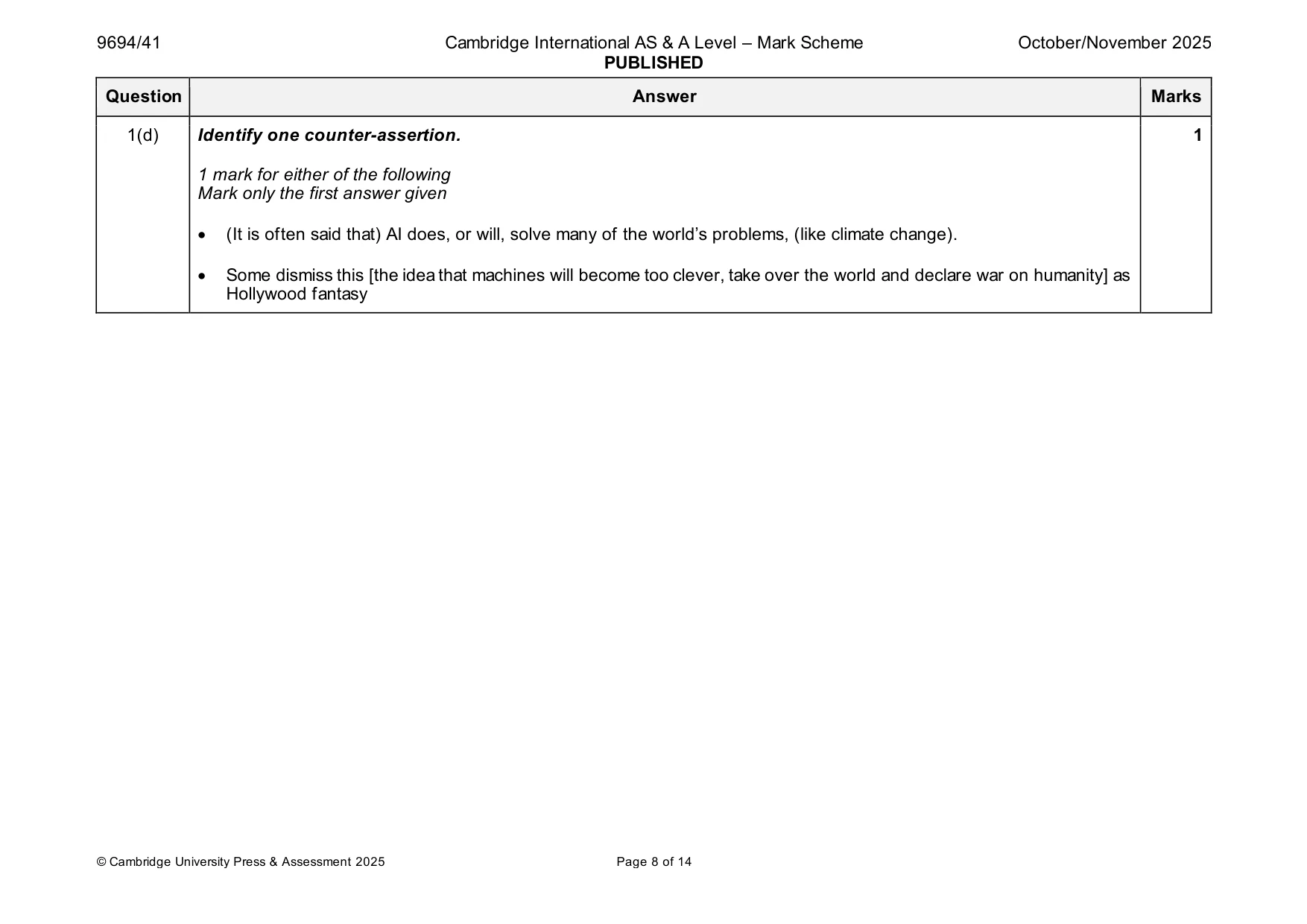 Mark scheme, page 8 of 14